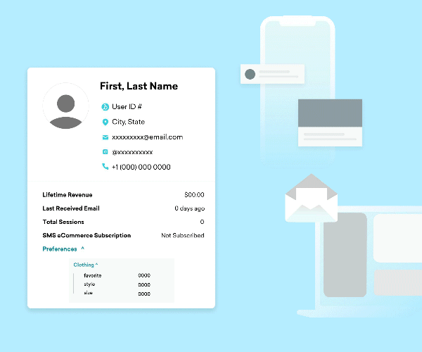 A digital user profile displaying personal information, including name, email, and subscription status, alongside icons for messaging and email. The background features a light blue color with various communication symbols.