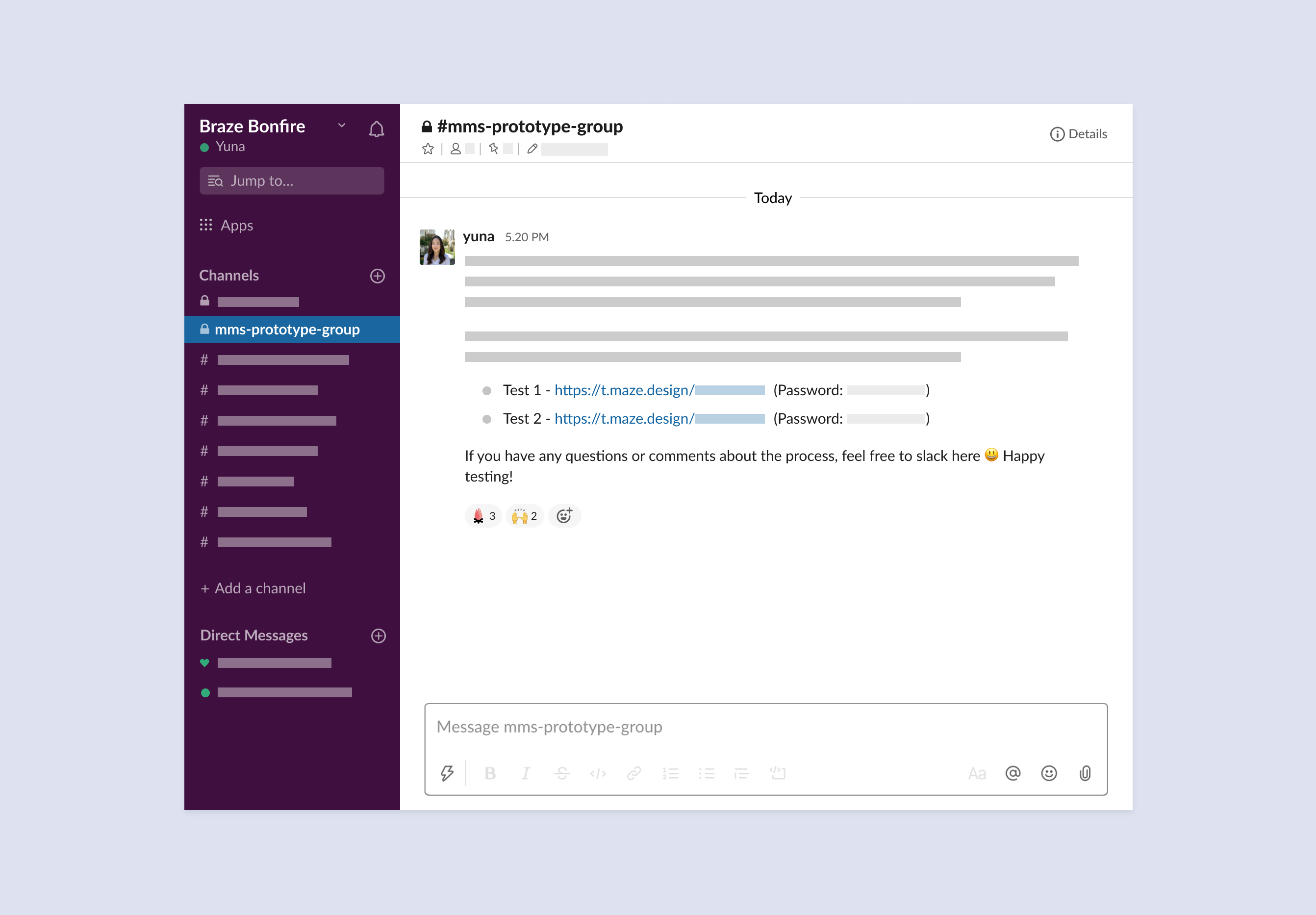 A messaging interface showing a conversation in a group chat. The message includes a link and a password for a test, along with an invitation for feedback.
