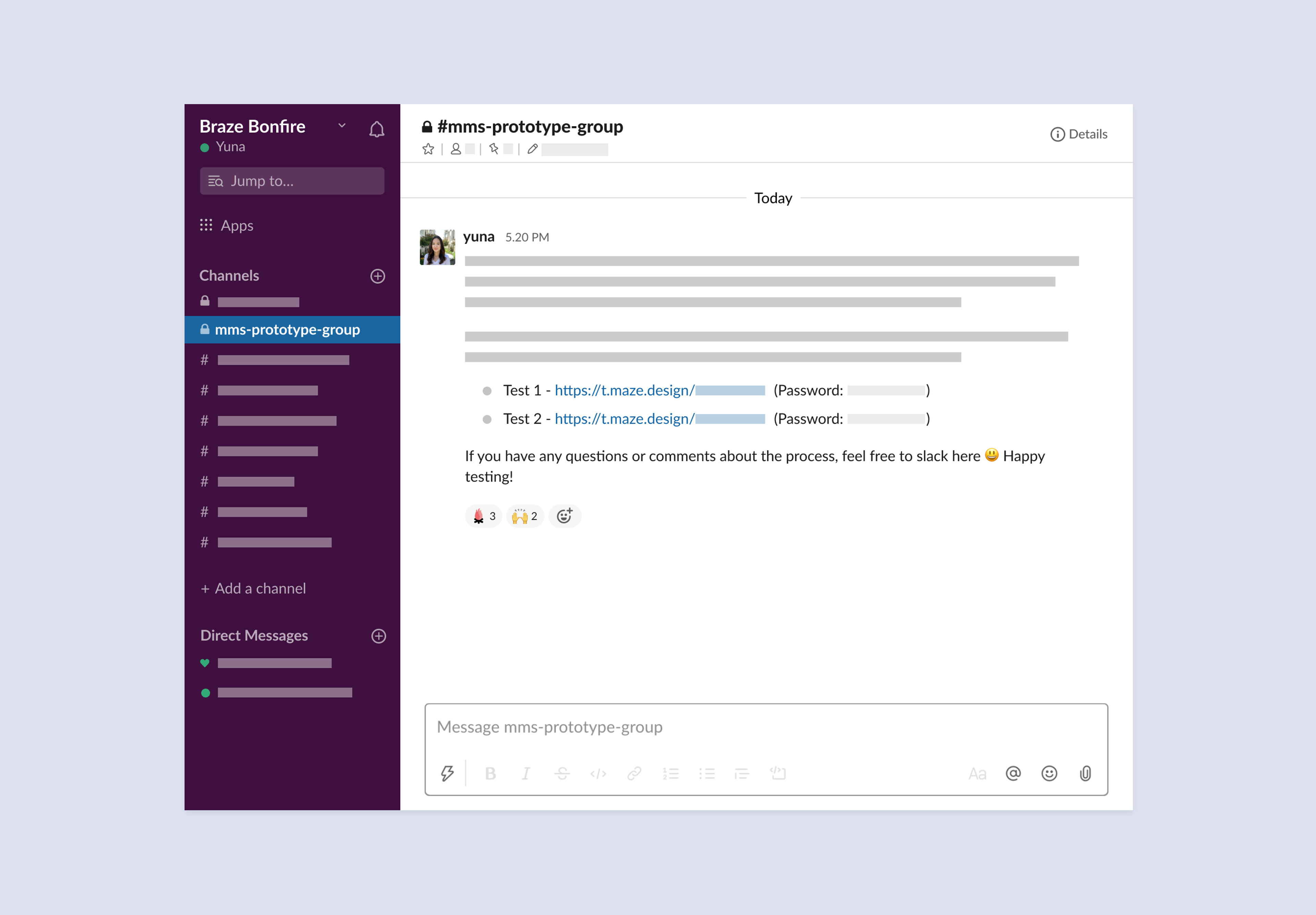 A messaging interface showing a conversation in a group chat. The message includes a link and a password for a test, along with an invitation for feedback.