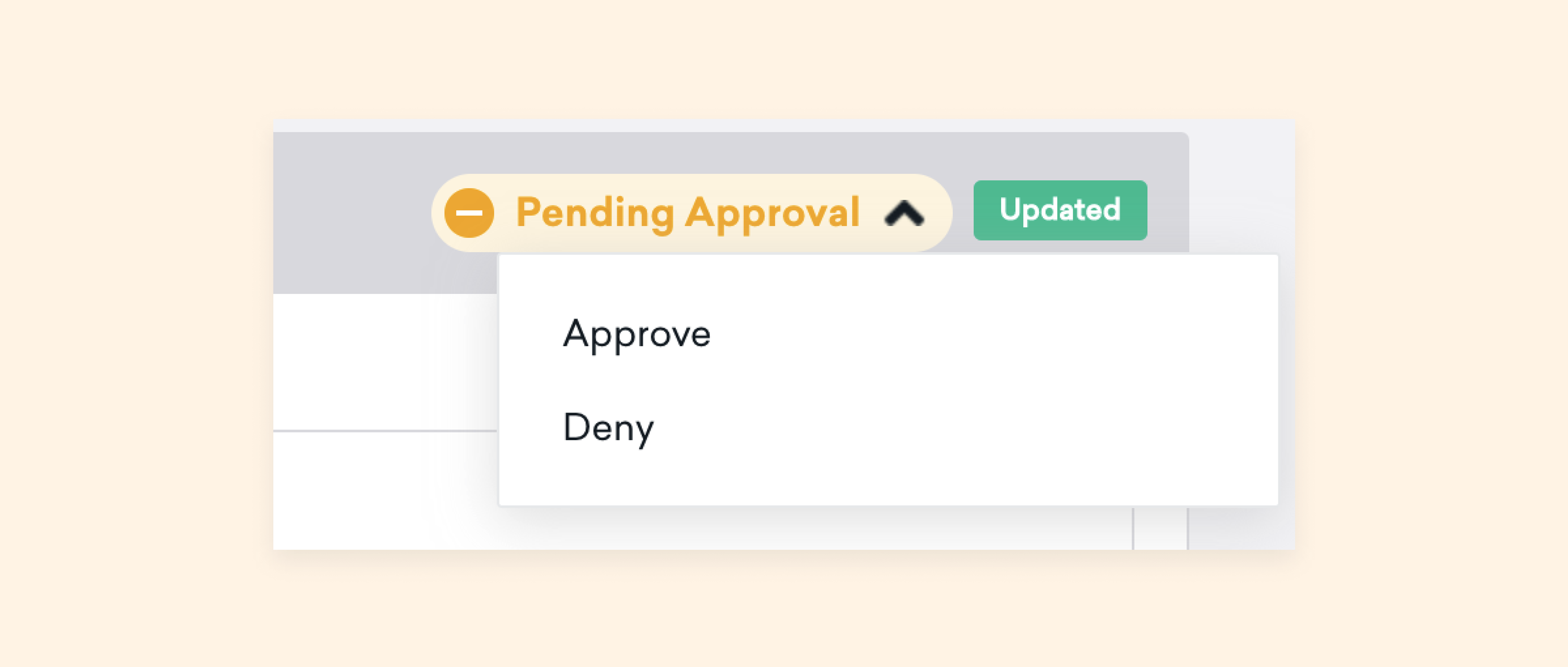 A user interface element showing a "Pending Approval" status with options to "Approve" or "Deny." The status is highlighted in orange and green.