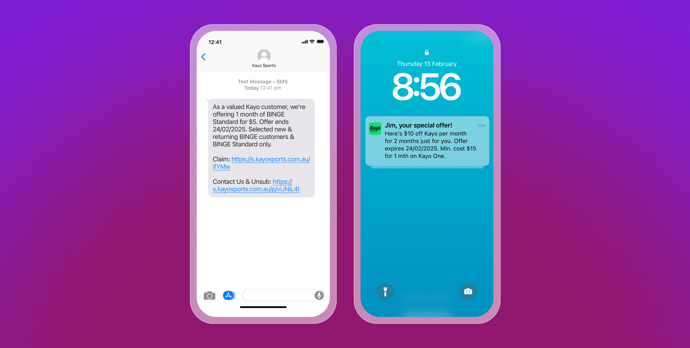 Deux iPhone affichant des offres promotionnelles de Kayo Sports : l'une sous forme de SMS, l'autre sous forme de notification sur l'écran de verrouillage.