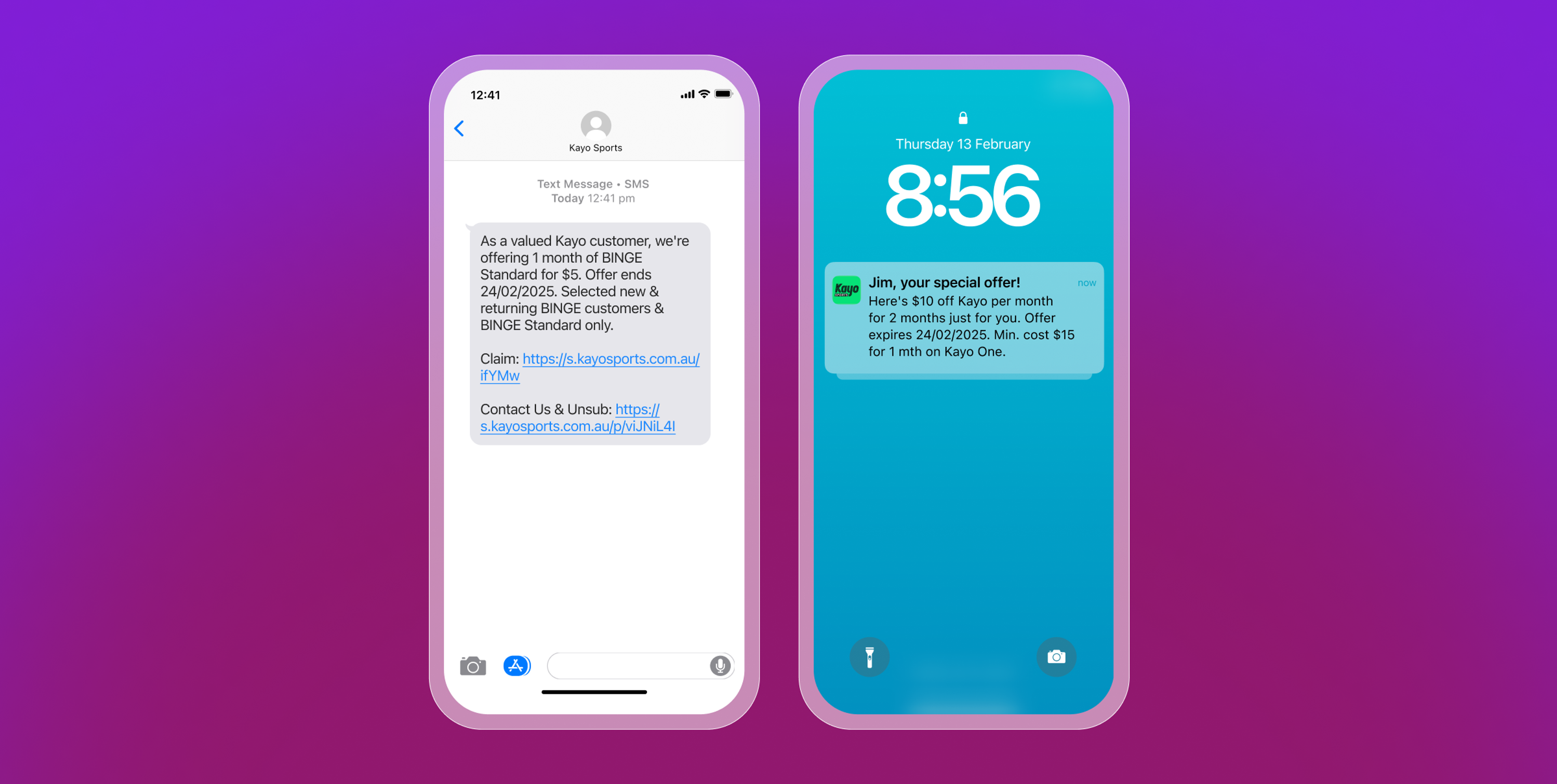 Deux iPhone affichant des offres promotionnelles de Kayo Sports : l'une sous forme de SMS, l'autre sous forme de notification sur l'écran de verrouillage.