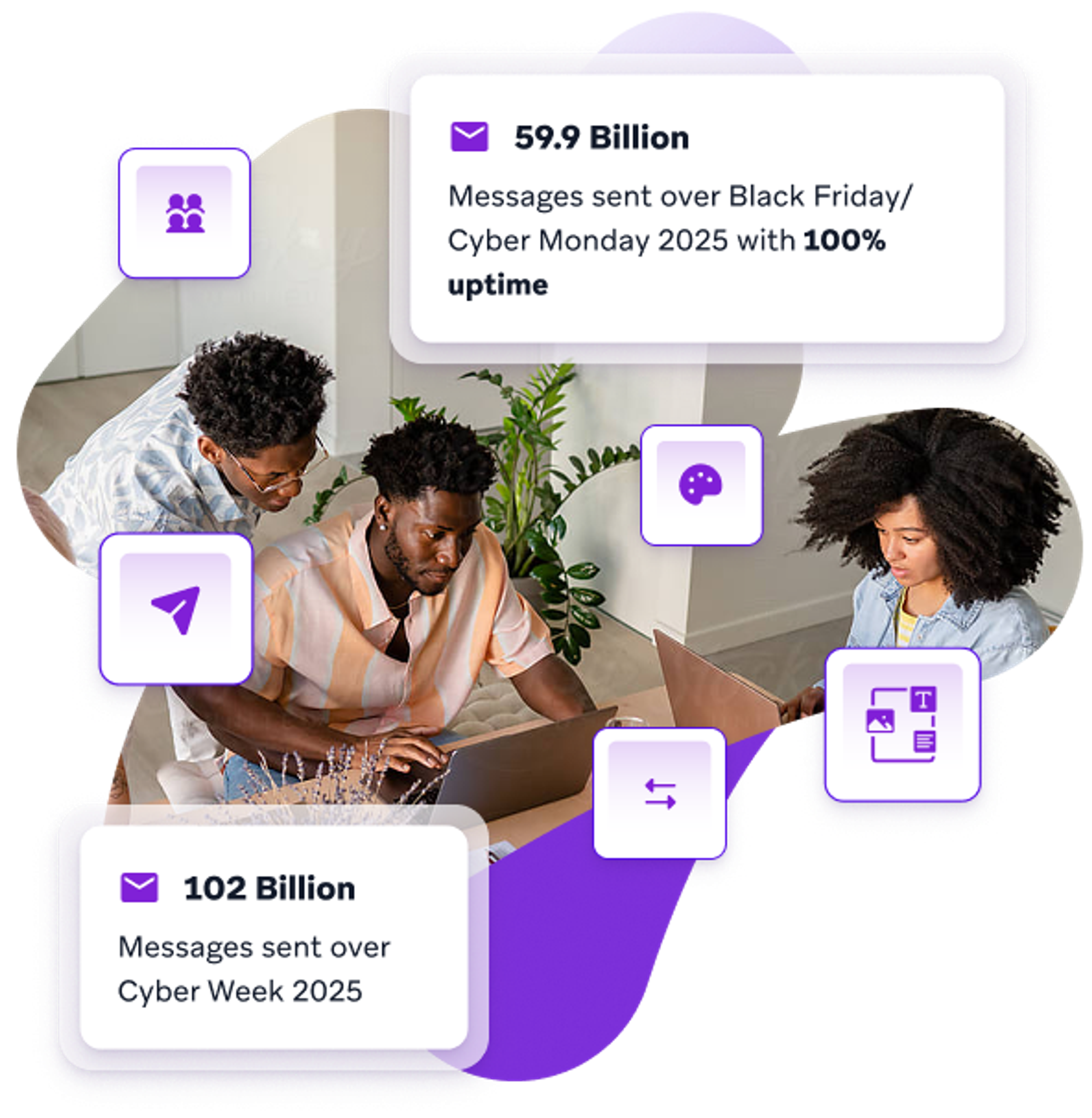 Three people work on laptops amidst purple abstract graphics and text boxes displaying billions of messages sent during Cyber Week and Black Friday/Cyber Monday 2025.