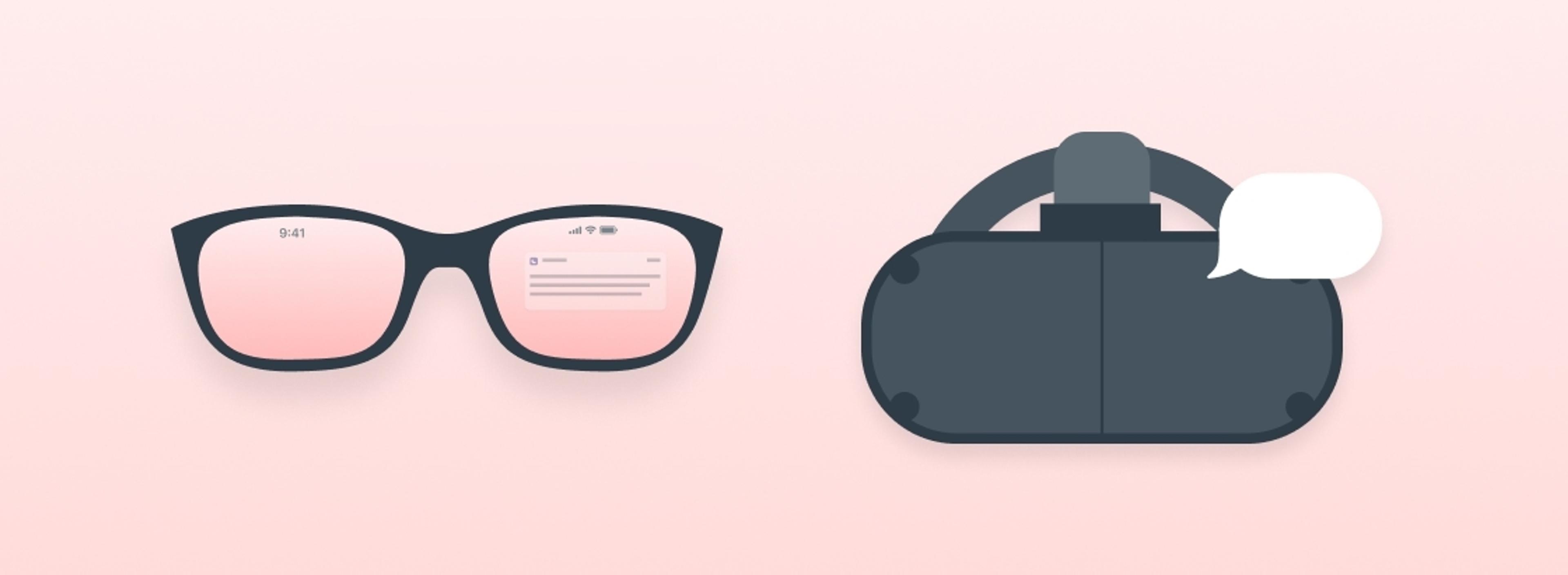 A pair of smart glasses on the left displaying a notification, and a virtual reality headset on the right with a speech bubble.