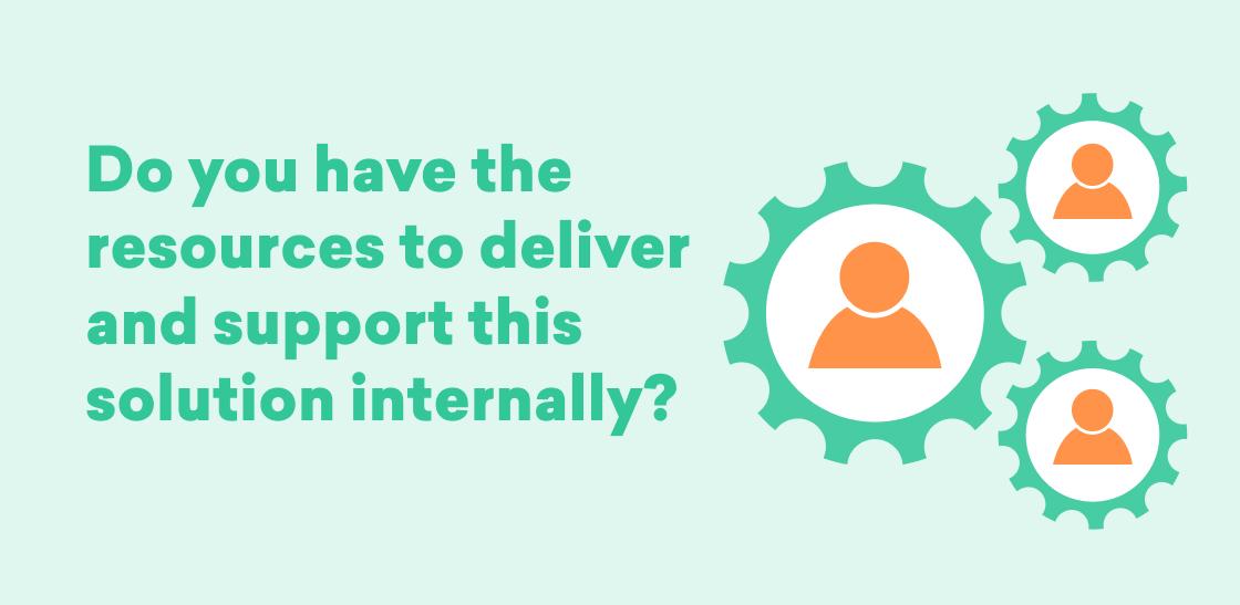Text asking if there are resources available to deliver and support a solution internally, accompanied by icons of gears and user figures.
