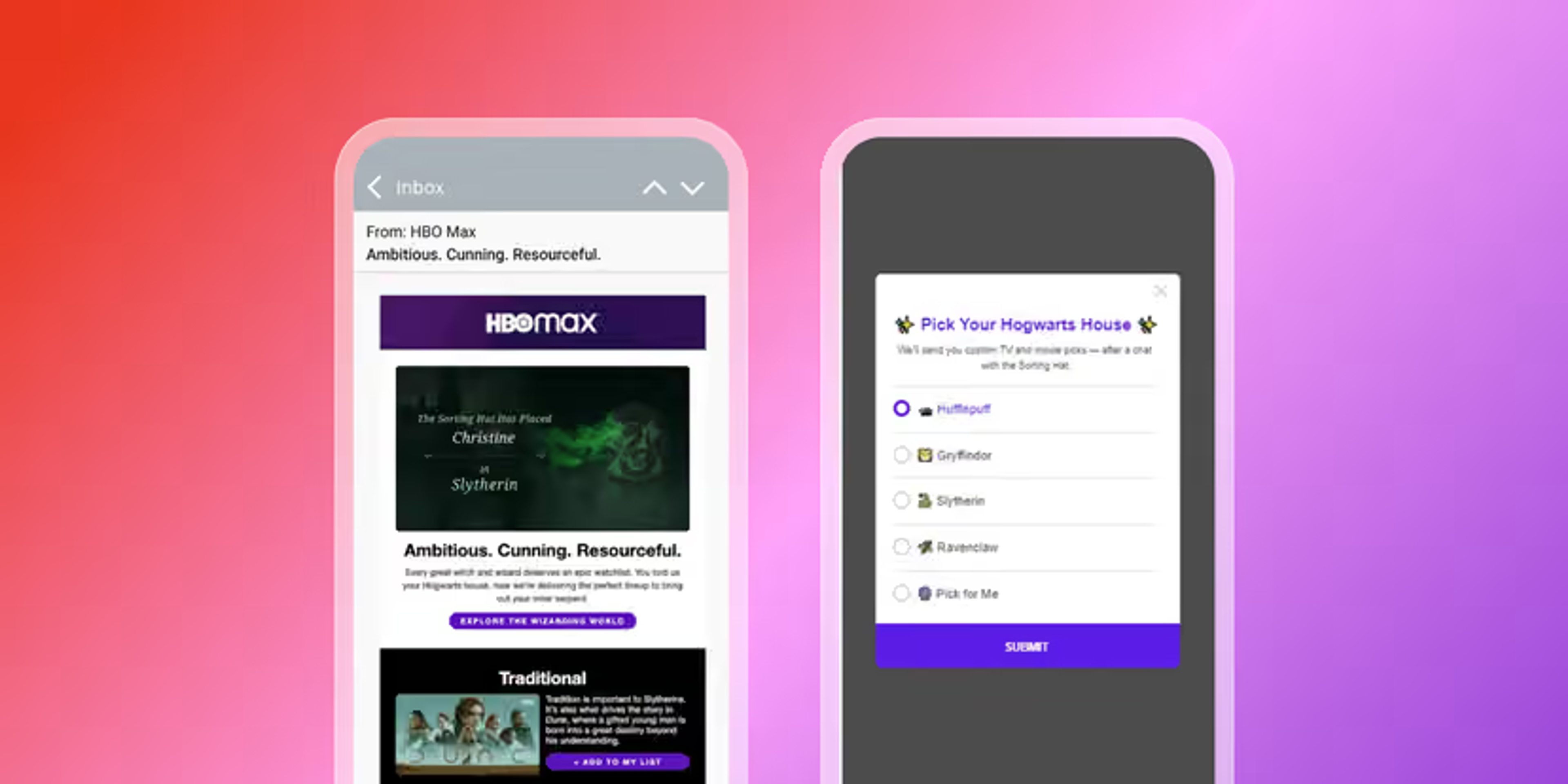 Deux écrans de smartphone présentent un courriel promotionnel HBO Max et un questionnaire « Pick Your Hogwarts House », sur un fond dégradé rouge, rose et violet.