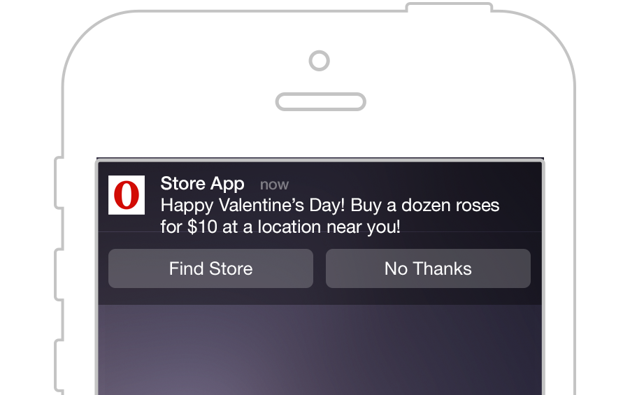 A smartphone notification from a store app promoting a Valentine's Day deal for a dozen roses at $10. Options to find a store or decline the offer are displayed.