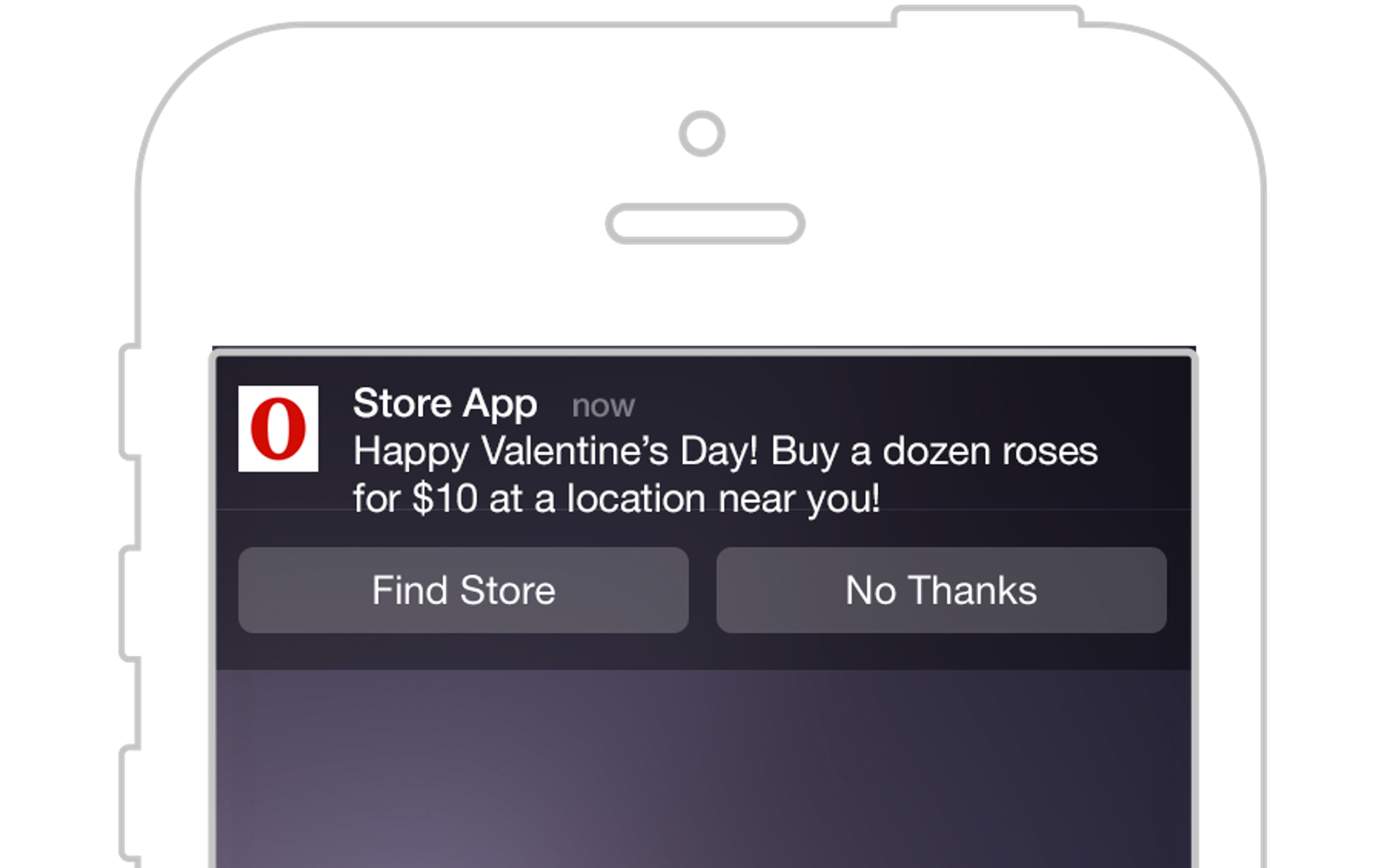 A smartphone notification from a store app promoting a Valentine's Day deal for a dozen roses at $10. Options to find a store or decline the offer are displayed.