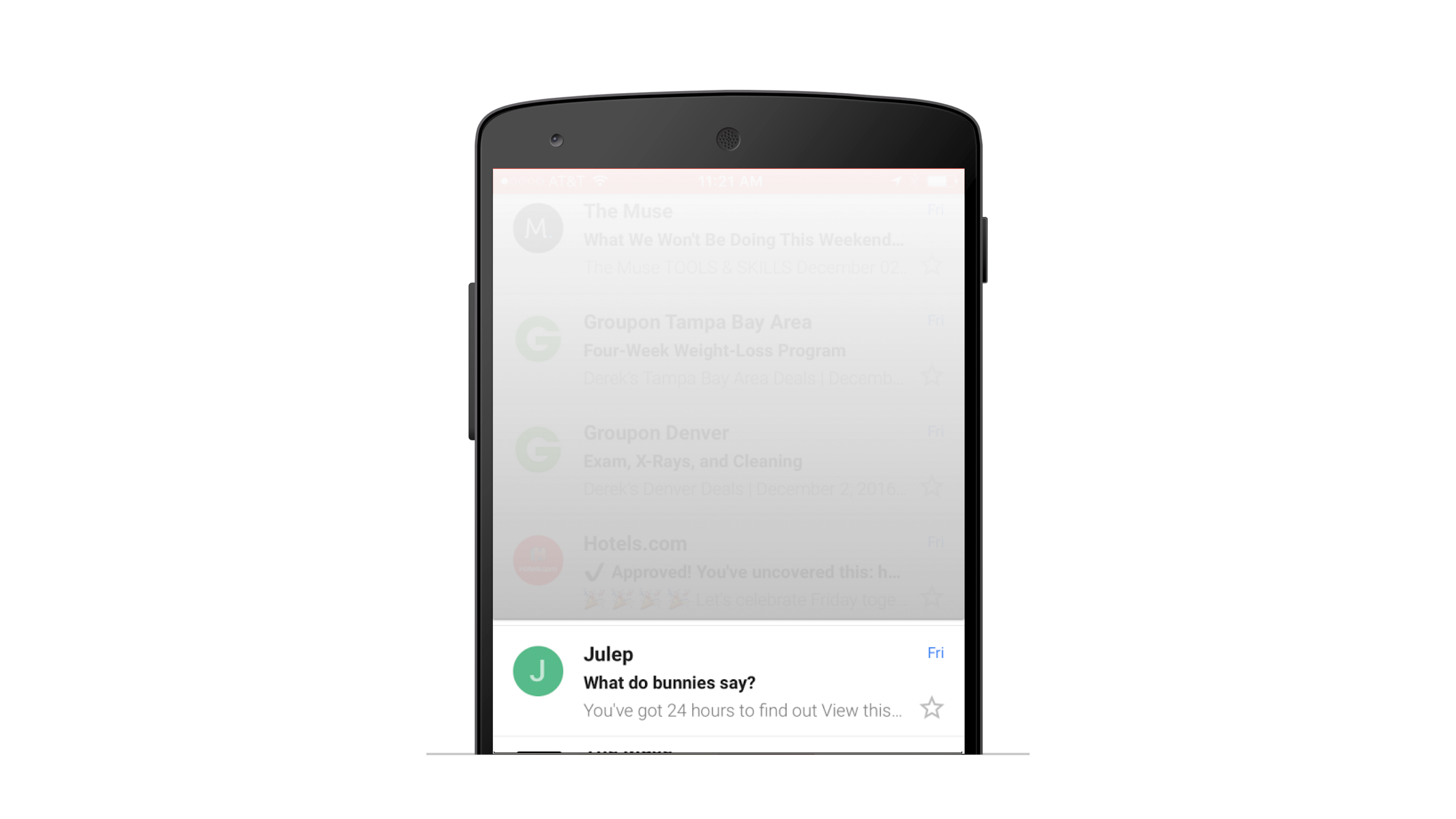 A smartphone screen displaying an email interface with a message from "Julep" asking, "What do bunnies say?