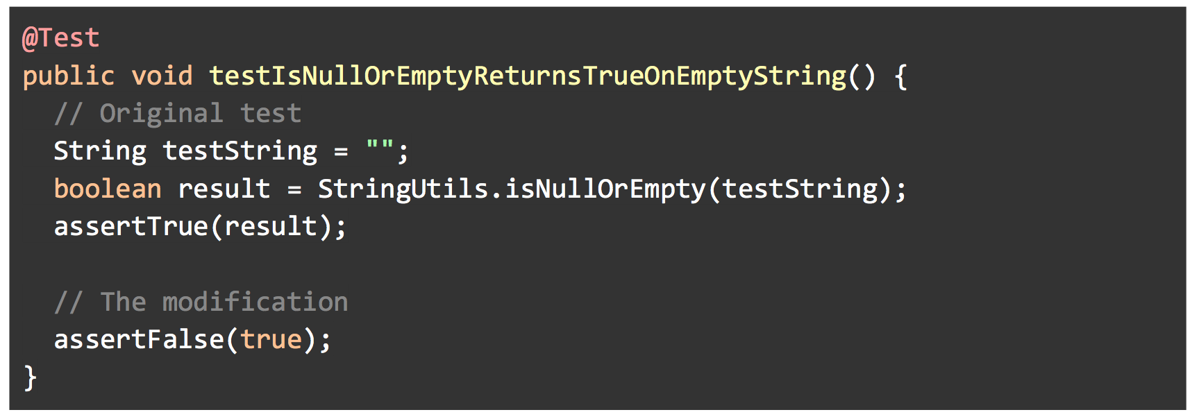 Code snippet showing a JUnit test method that checks if a string is null or empty, with assertions for both true and false conditions.