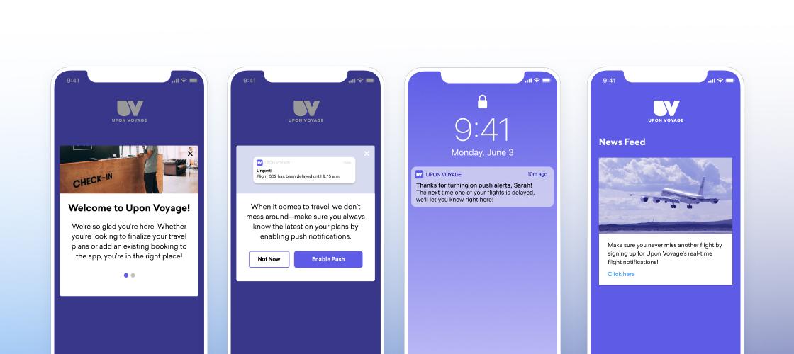 Screenshots of a mobile app interface for "Upon Voyage," featuring a welcome screen, a notification prompt, a lock screen with the time, and a news feed about travel updates. The design uses a purple color scheme.