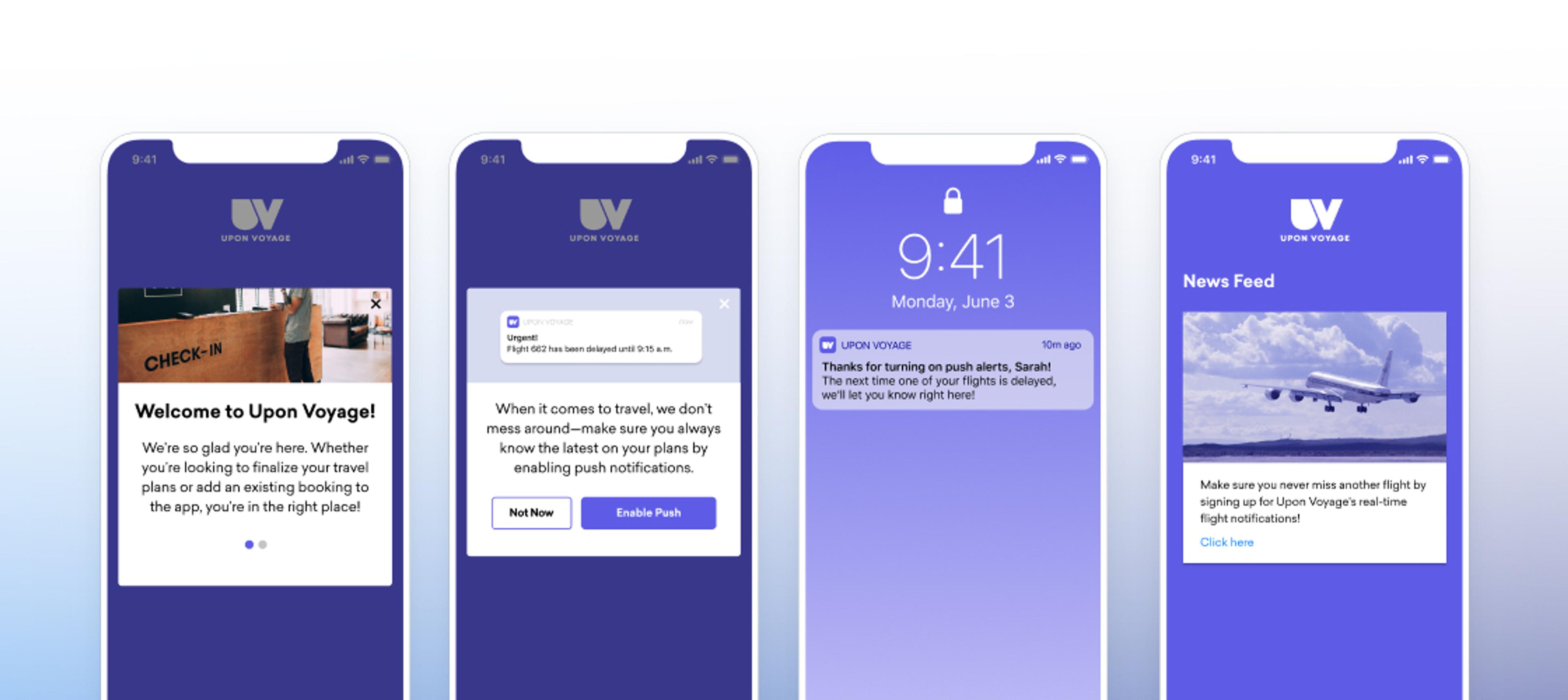 Screenshots of a mobile app interface for "Upon Voyage," featuring a welcome screen, a notification prompt, a lock screen with the time, and a news feed about travel updates. The design uses a purple color scheme.