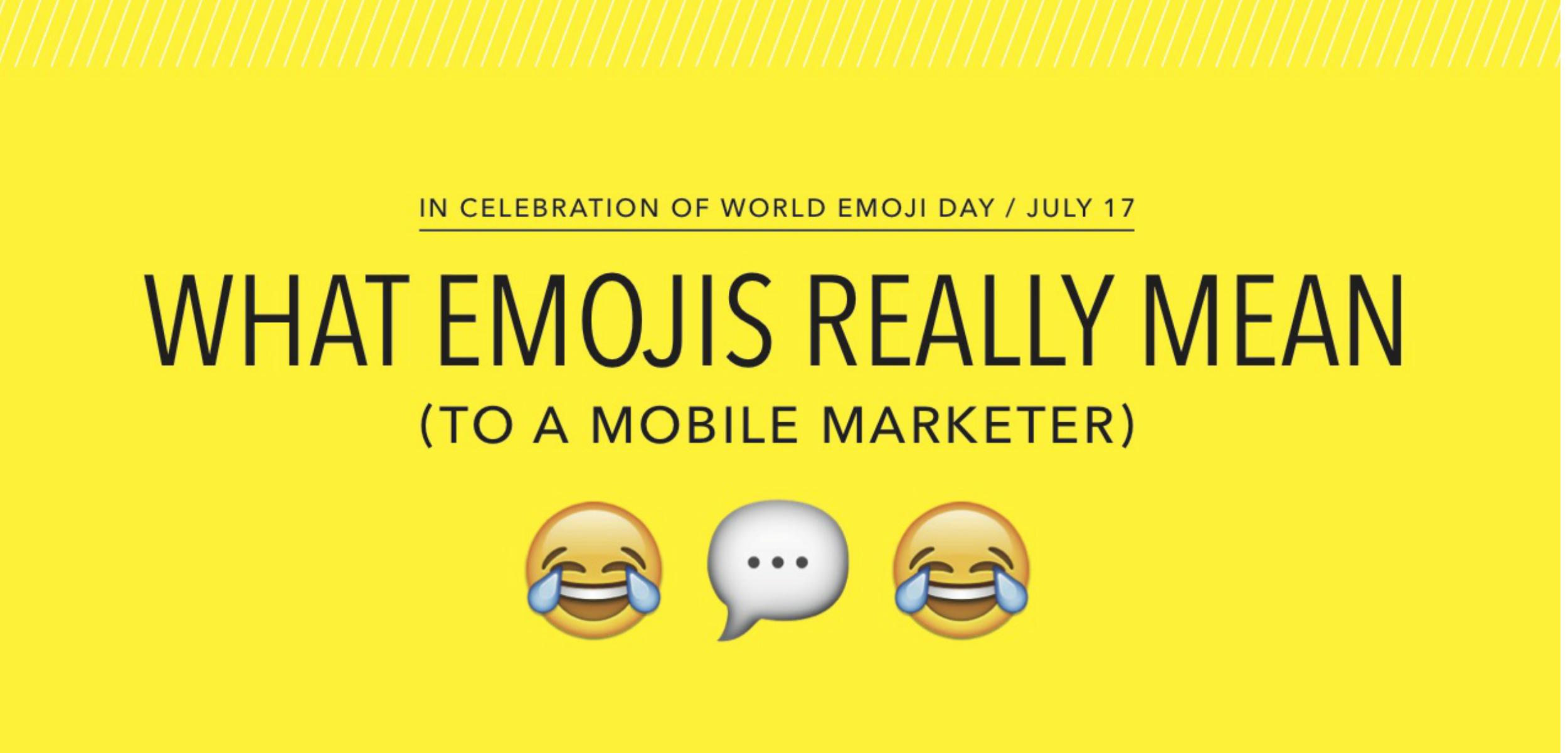 A bright yellow background with the text "What Emojis Really Mean (To a Mobile Marketer)" and two laughing emojis.