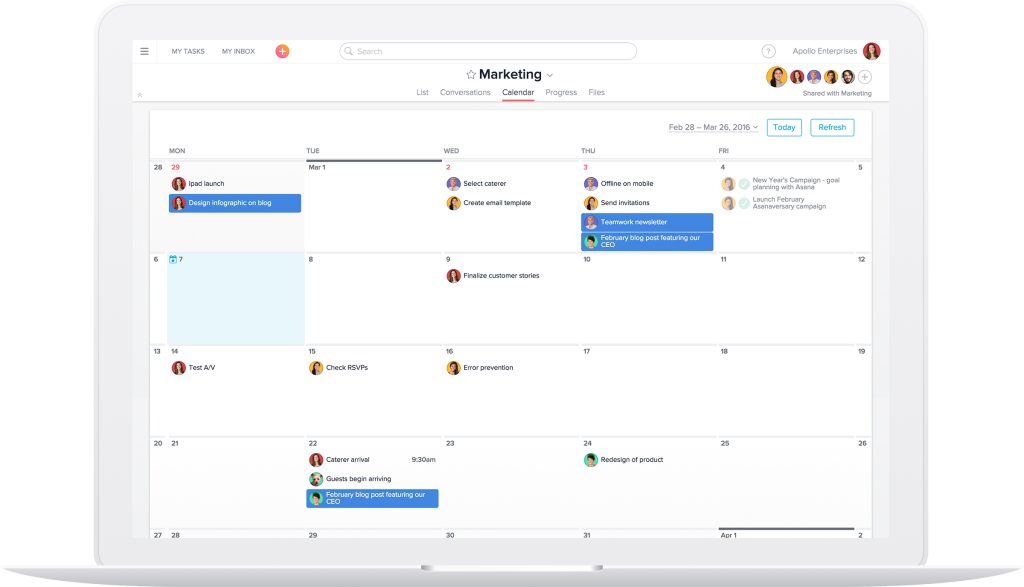 A digital calendar displayed on a laptop screen, showing scheduled marketing tasks for the week of February 26 to March 2, 2019. Tasks include creating templates and finalizing customer stories.