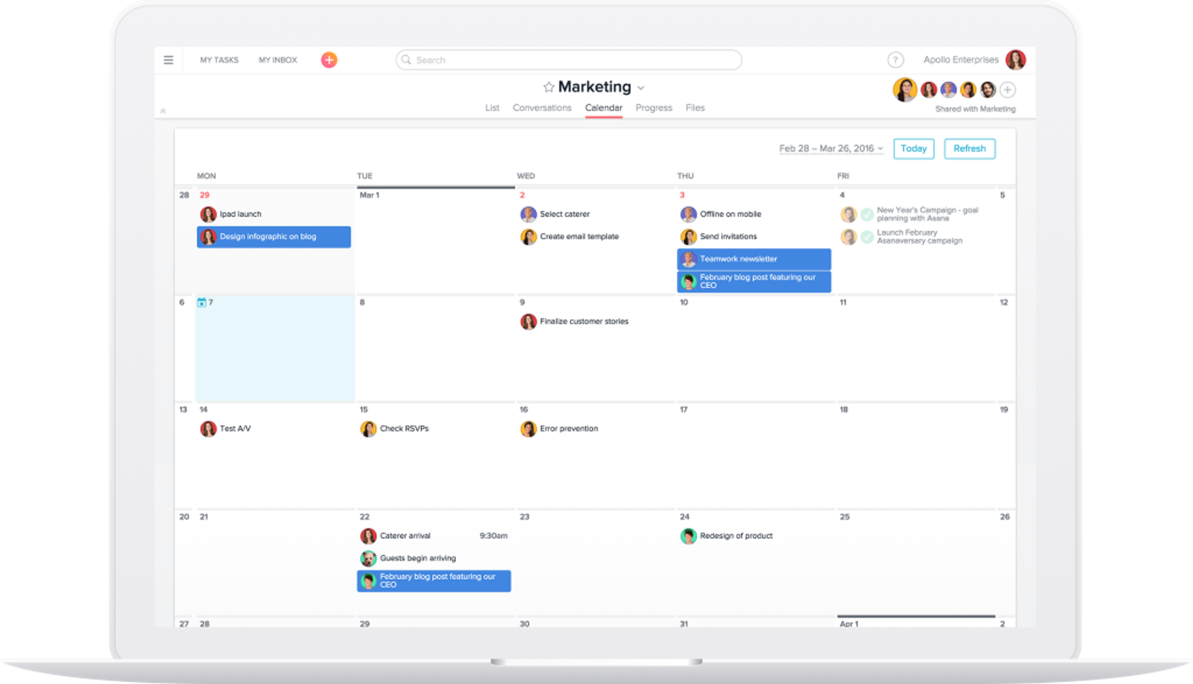 A digital calendar displayed on a laptop screen, showing scheduled marketing tasks for the week of February 26 to March 2, 2019. Tasks include creating templates and finalizing customer stories.
