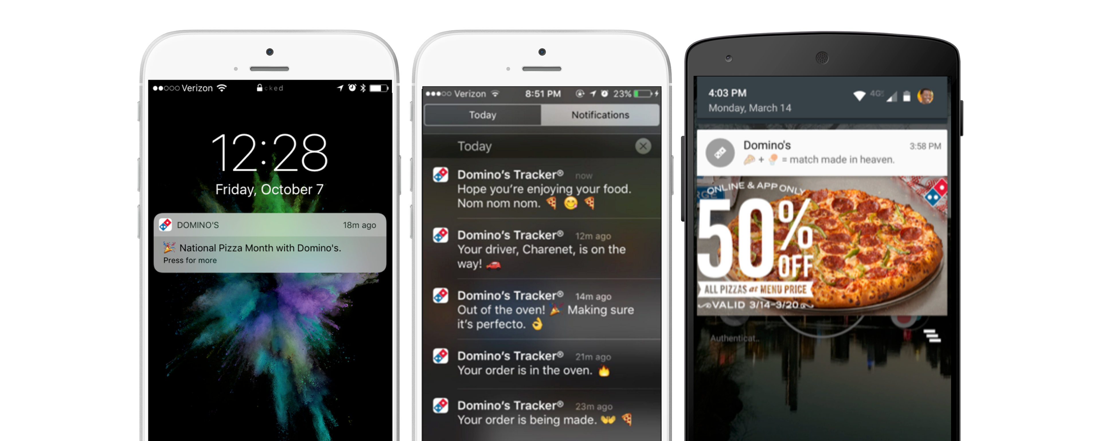 Three smartphones displaying mobile notifications. The left phone shows a message about National Pizza Month, the middle phone has updates from a delivery tracker, and the right phone features a promotional offer from Domino's Pizza.