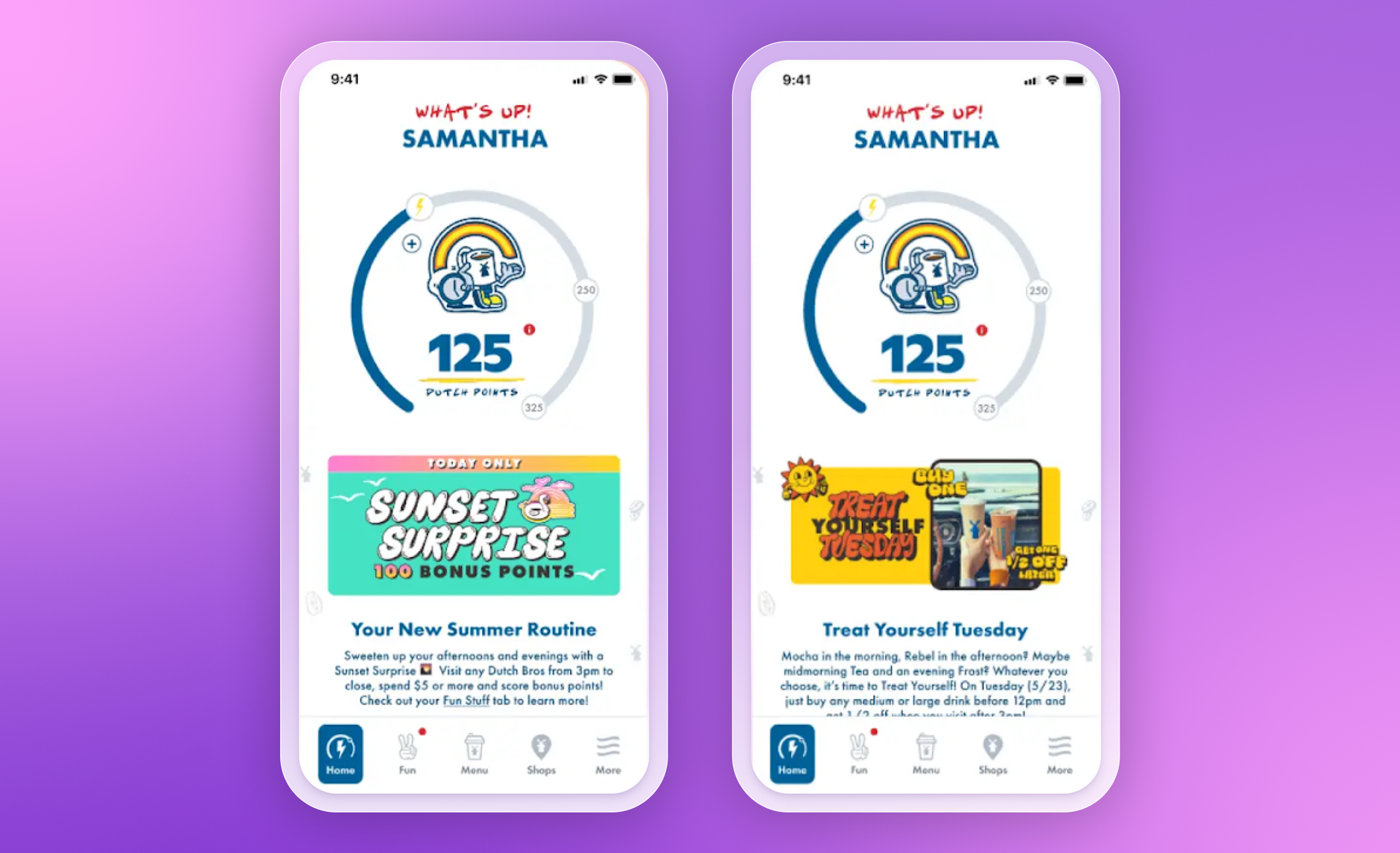 a screenshot of a dutch bros app on a purple background