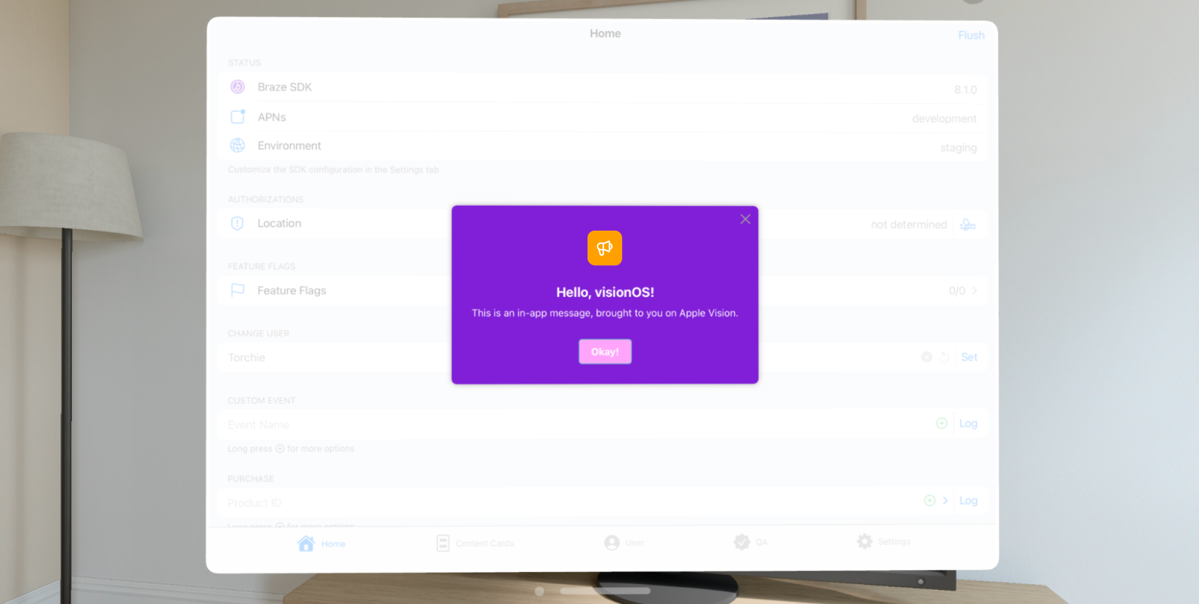 a computer screen with a purple popup that says hello visionos