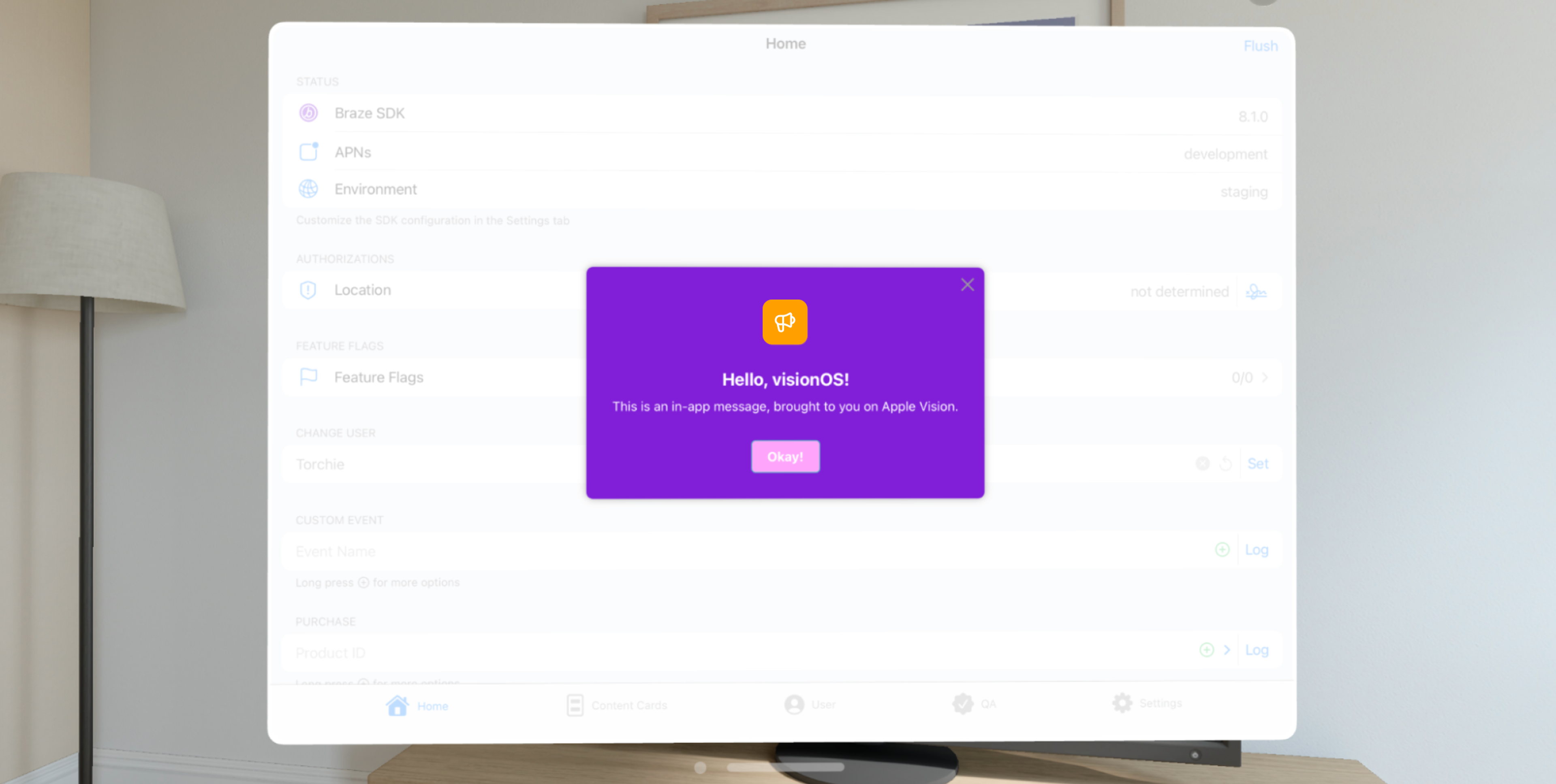 a computer screen with a purple popup that says hello visionos
