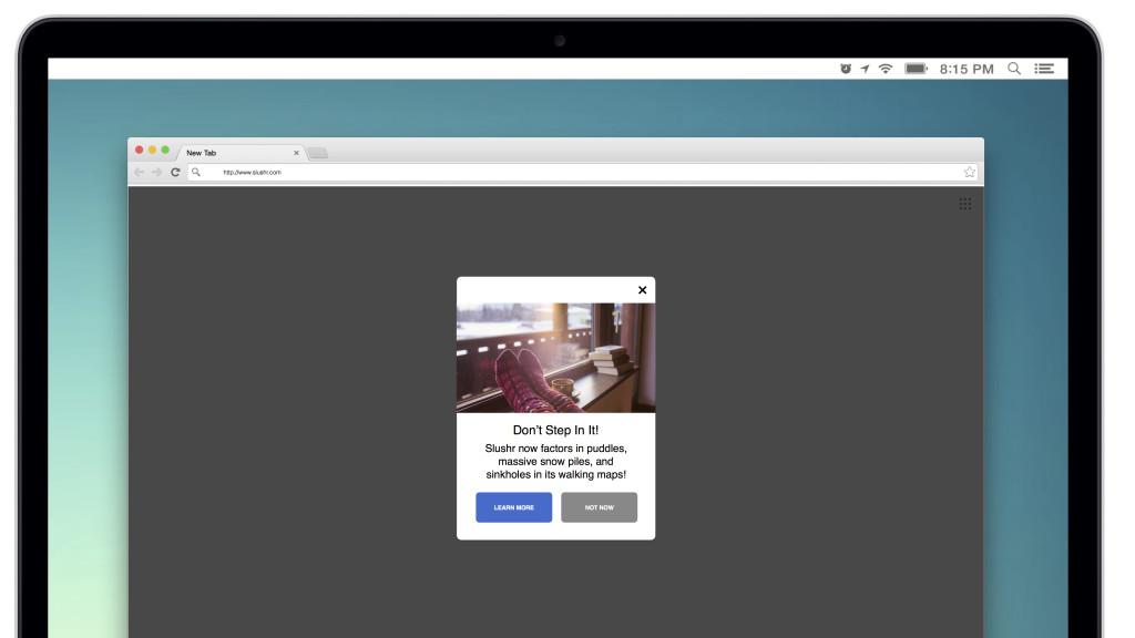 A pop-up message on a web browser warns users not to step in puddles, showcasing a pair of red shoes near a window. The background is dark gray with a light blue gradient.