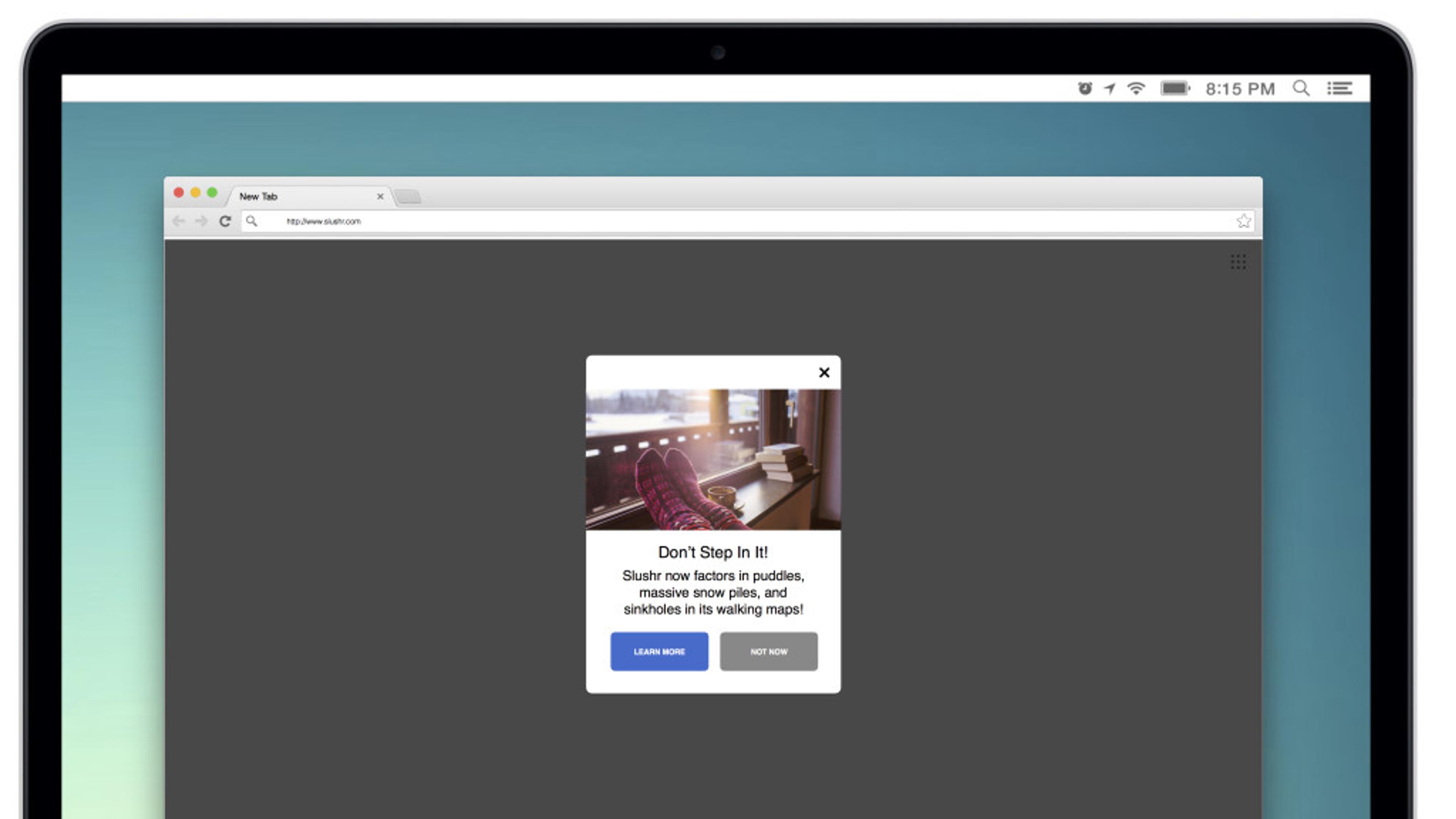 A pop-up message on a web browser warns users not to step in puddles, showcasing a pair of red shoes near a window. The background is dark gray with a light blue gradient.