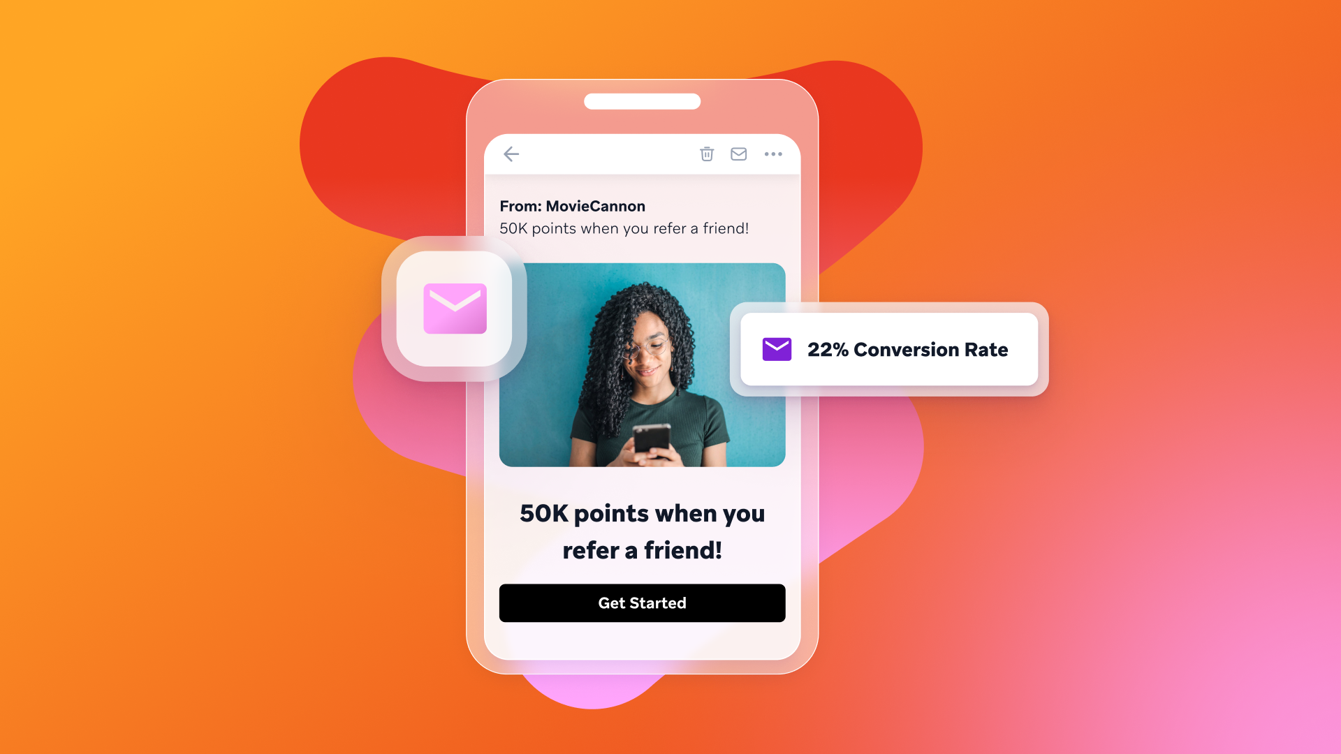 a phone with a message that says 50k points when you refer a friend