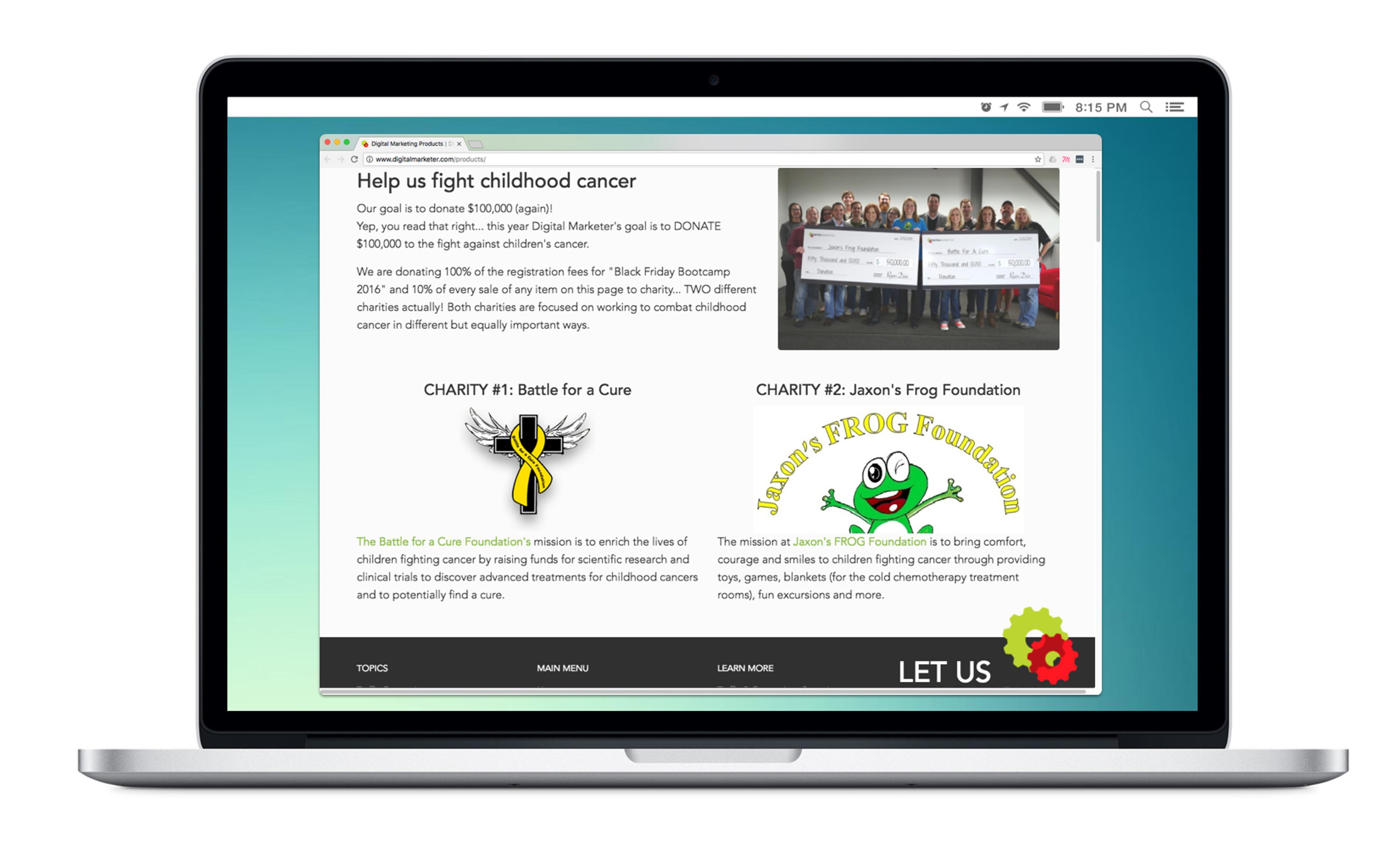 A laptop screen displays a webpage titled "Help us fight childhood cancer," featuring two charity initiatives: "Battle for a Cure" and "Jason's FROG Foundation," along with images and descriptions of each charity.