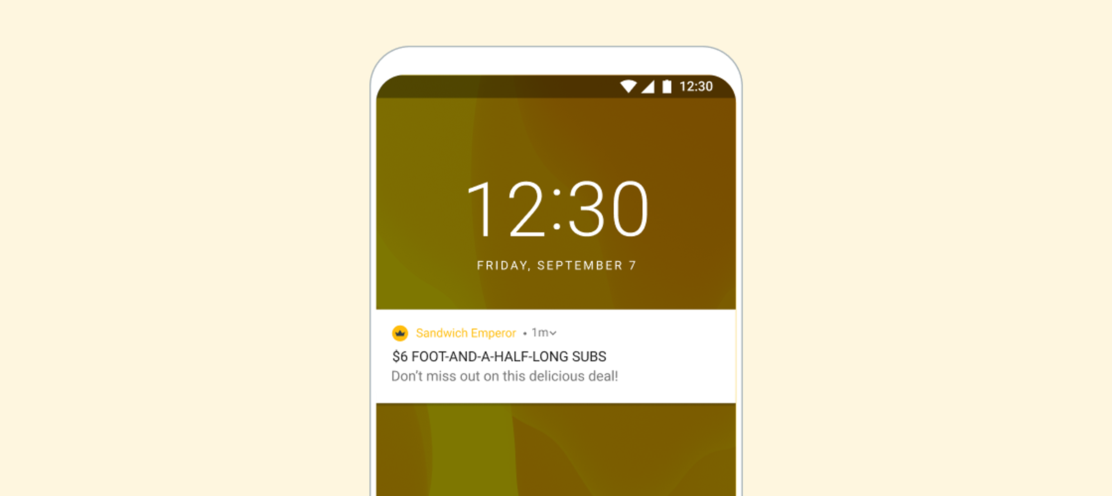 A smartphone screen displaying the time as 12:30 on Friday, September 7, with a notification about a sandwich deal for $6 foot-and-a-half-long subs.