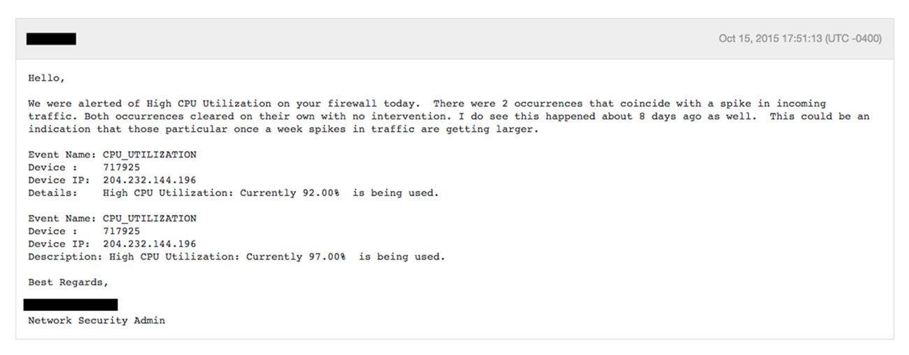 Email notification regarding high CPU utilization on a firewall, detailing two occurrences linked to incoming traffic spikes. It includes event details and a description of the issue.