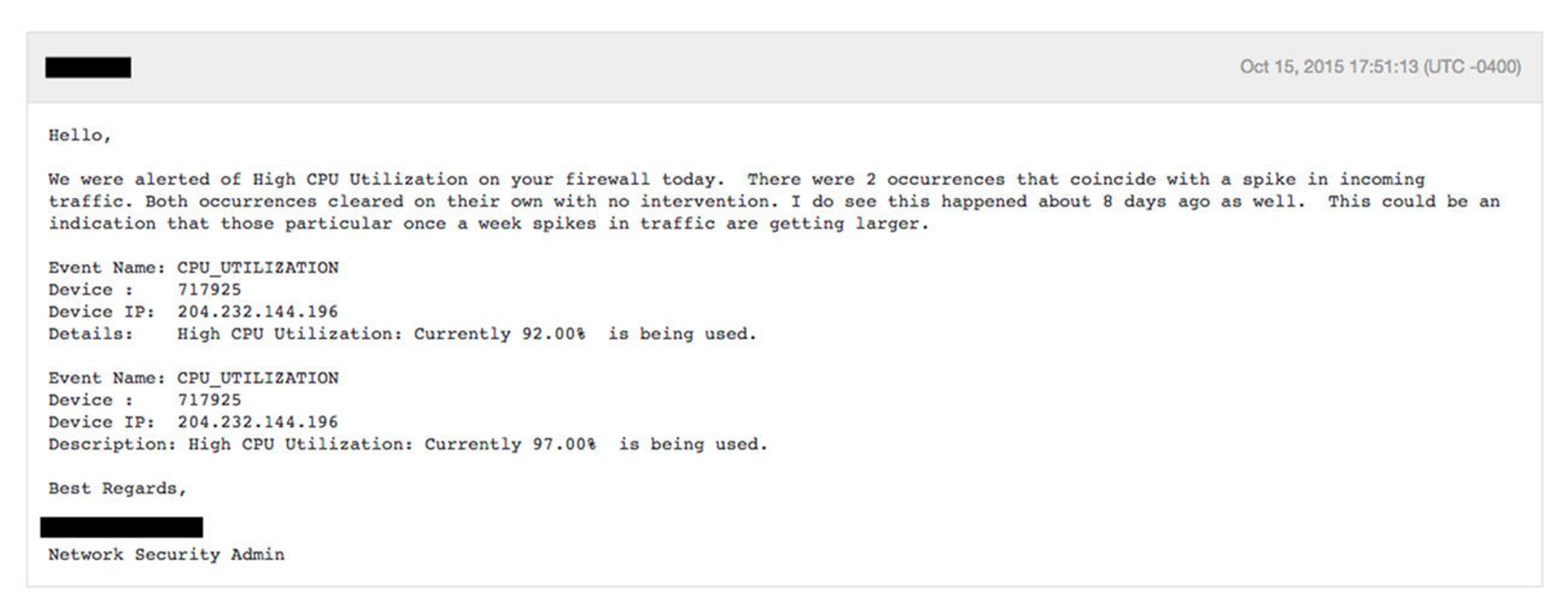 Email notification regarding high CPU utilization on a firewall, detailing two occurrences linked to incoming traffic spikes. It includes event details and a description of the issue.