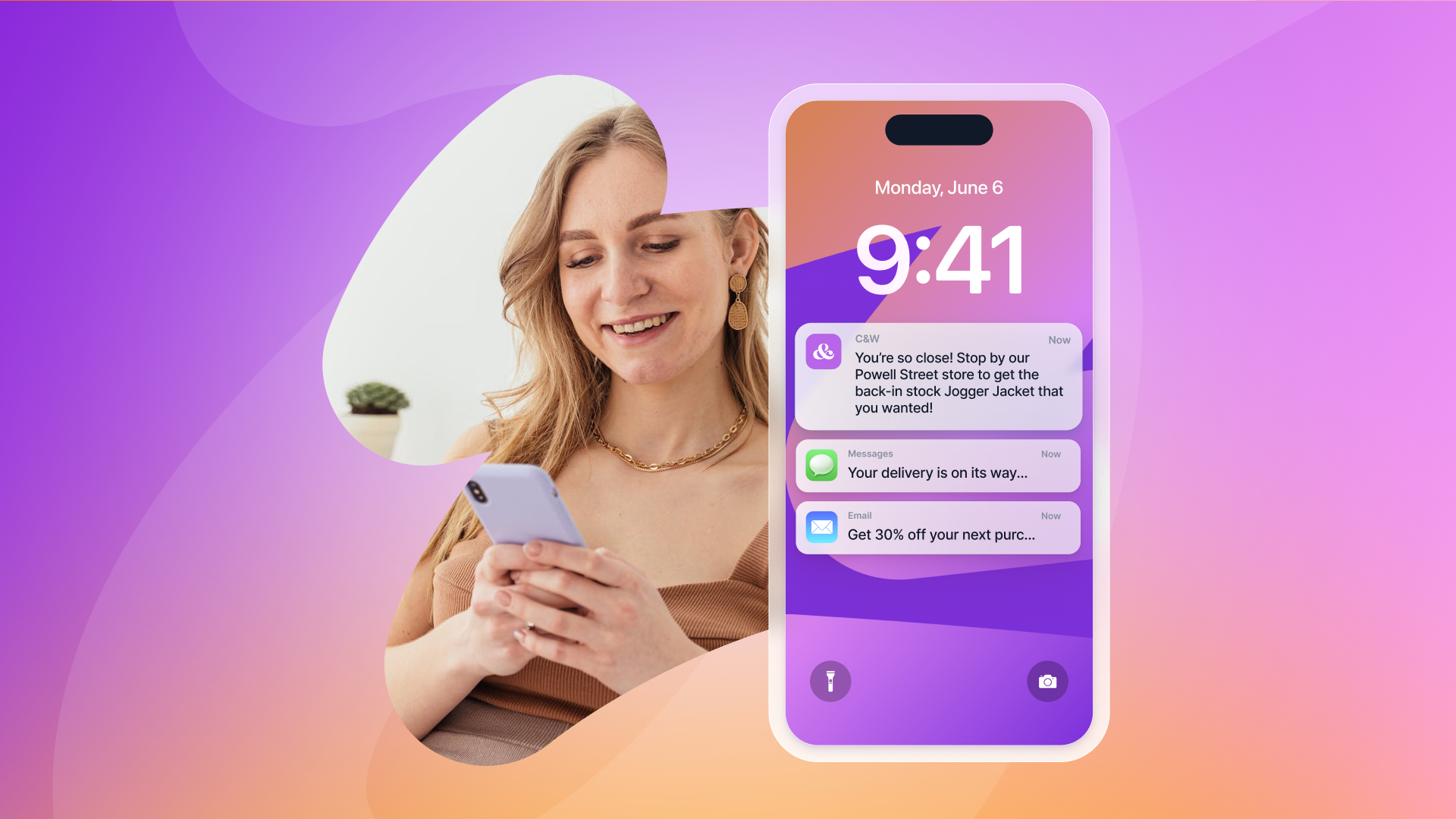 A smiling woman holding a smartphone, with a graphic of a phone screen next to her showing notifications.