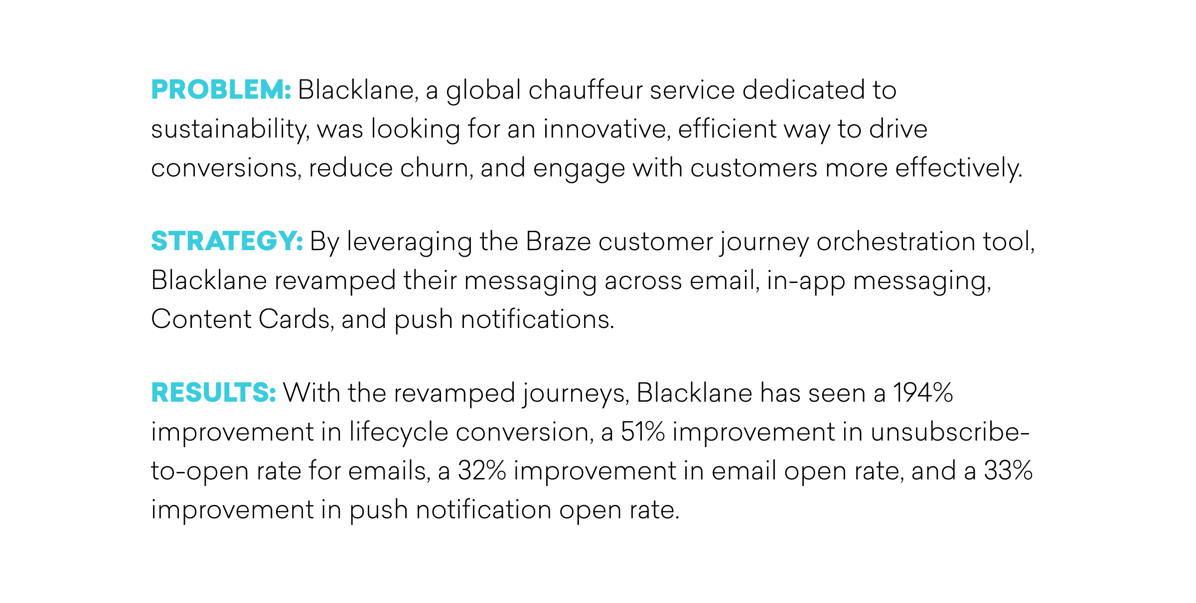Infographic summarizing Blacklane's strategy to improve customer engagement through revamped messaging, resulting in significant increases in lifecycle conversion and open rates for emails and push notifications.