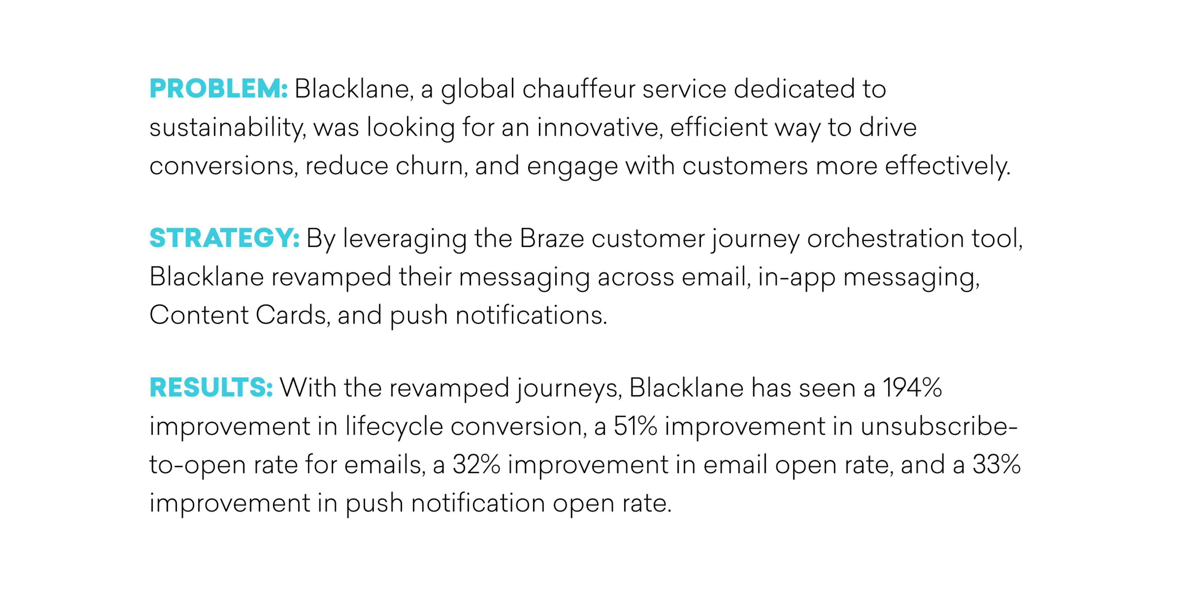 Infographic summarizing Blacklane's strategy to improve customer engagement through revamped messaging, resulting in significant increases in lifecycle conversion and open rates for emails and push notifications.