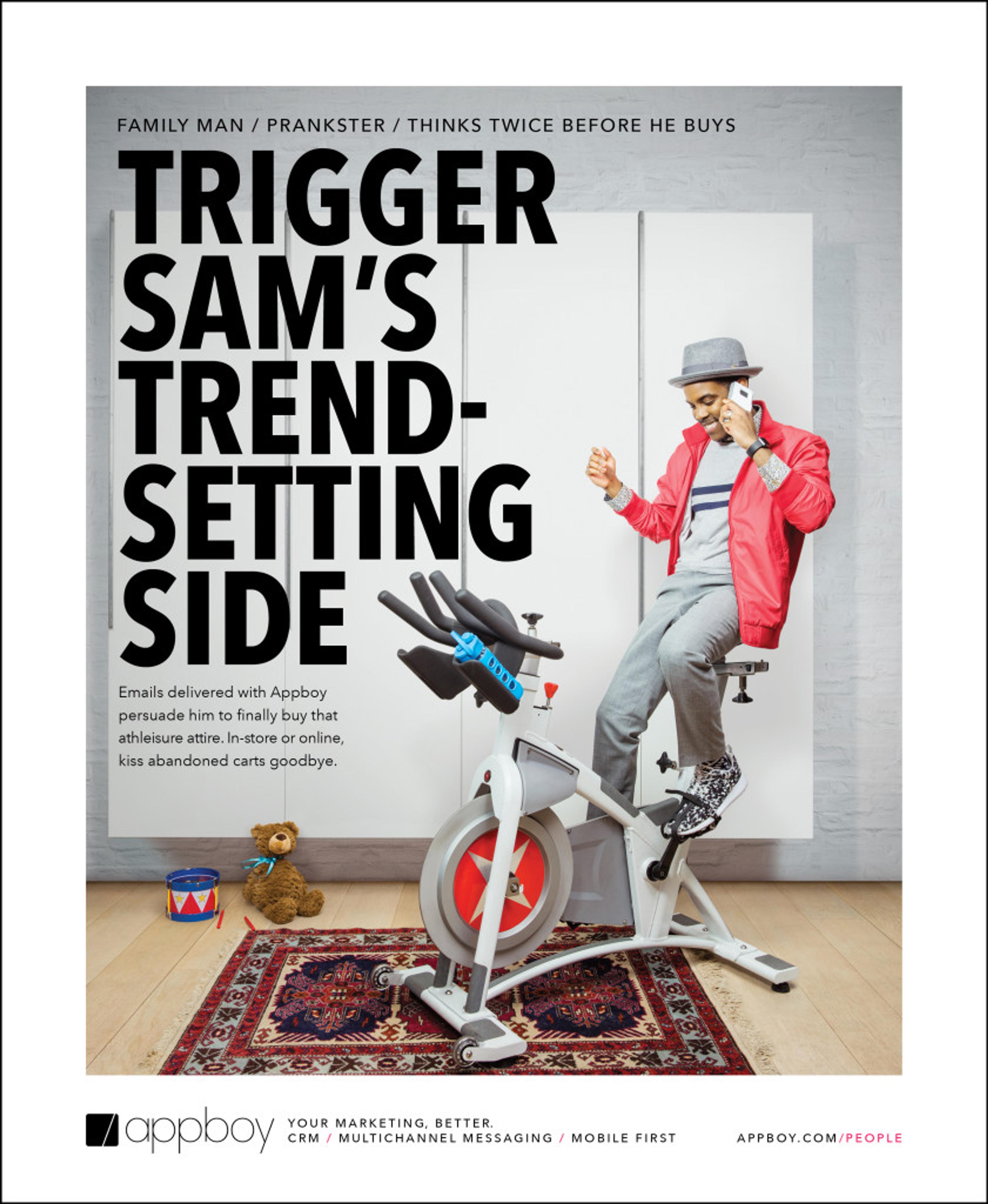 A man in a red jacket poses with a stationary bike in a bright room, promoting a marketing service. The text highlights the importance of thoughtful purchasing decisions.