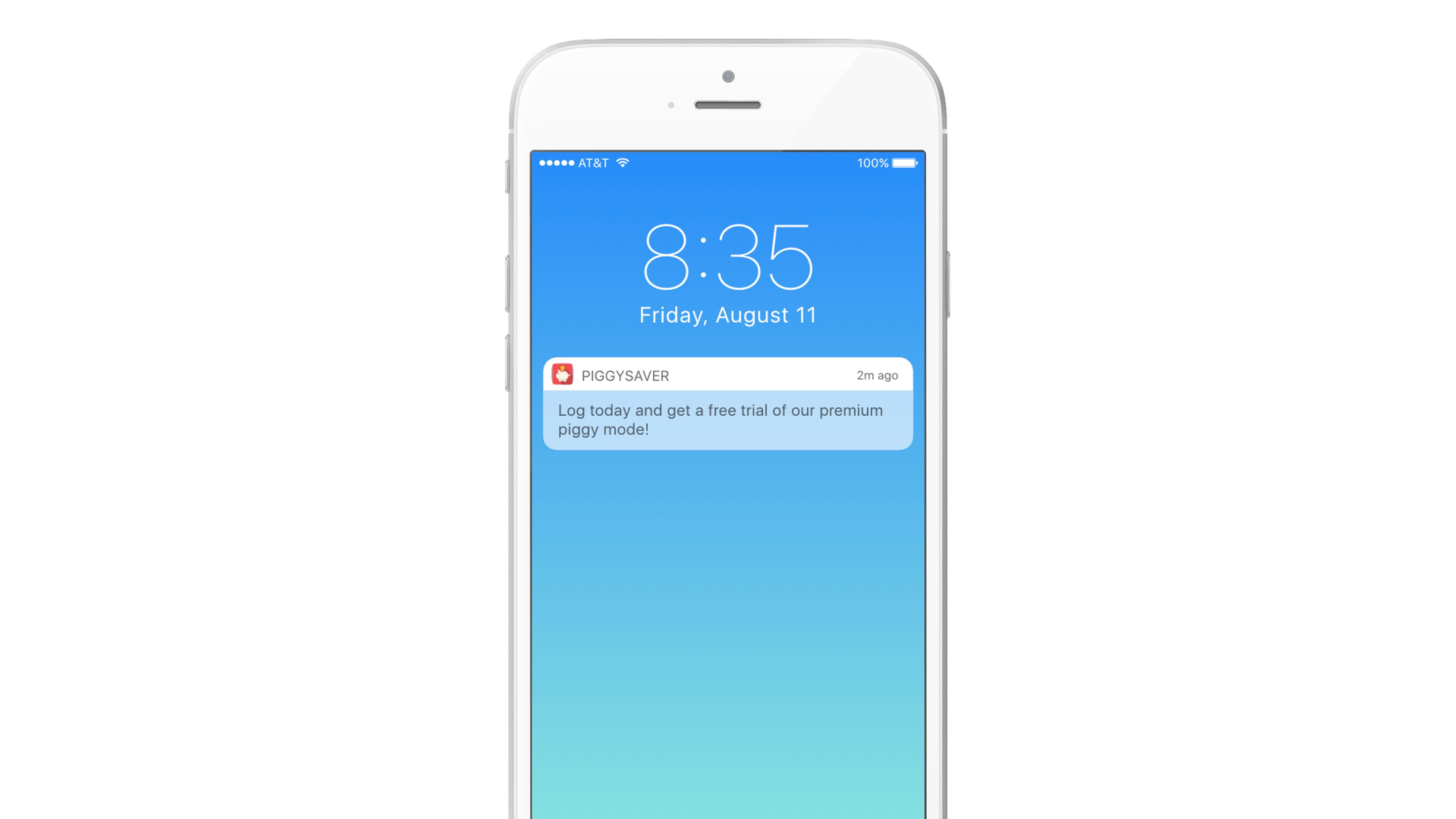 A smartphone displaying a notification from the app "PIGSAVER" reminding the user to log in for a free trial of their premium service. The time is 8:35 on Friday, August 11.
