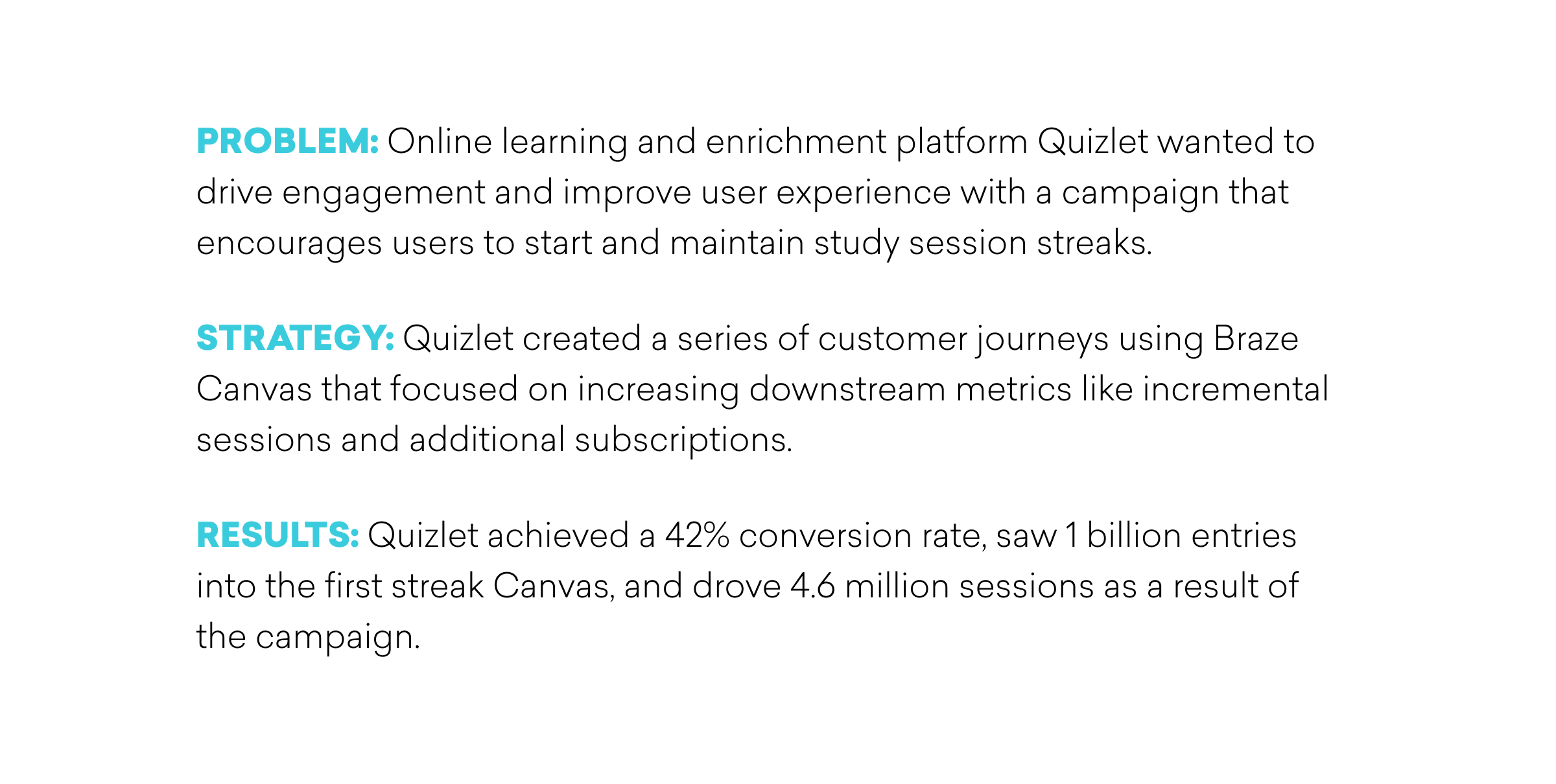 Text outlining a marketing campaign by Quizlet to enhance user engagement through study session streaks, including problem, strategy, and results sections.