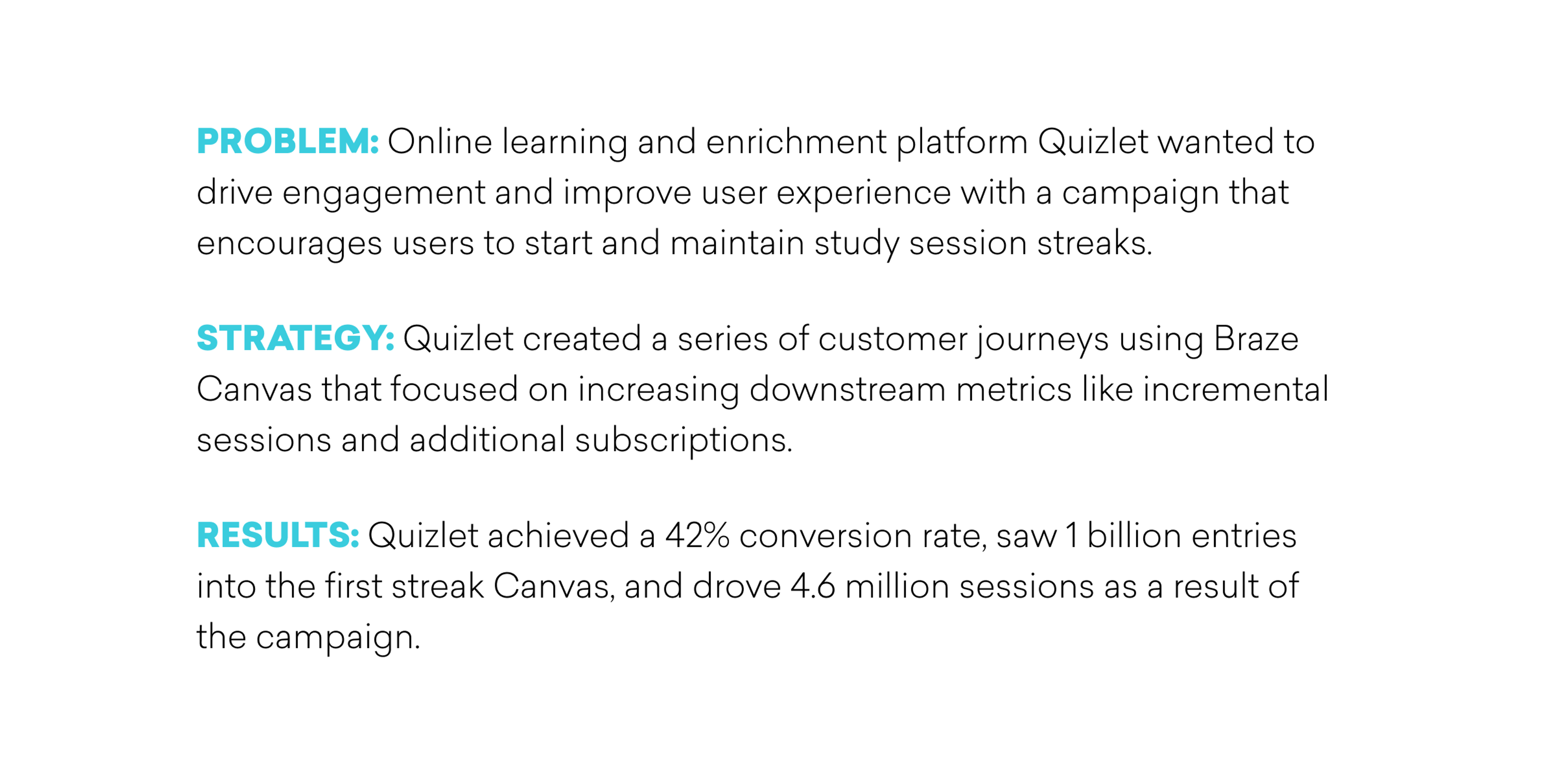 Text outlining a marketing campaign by Quizlet to enhance user engagement through study session streaks, including problem, strategy, and results sections.