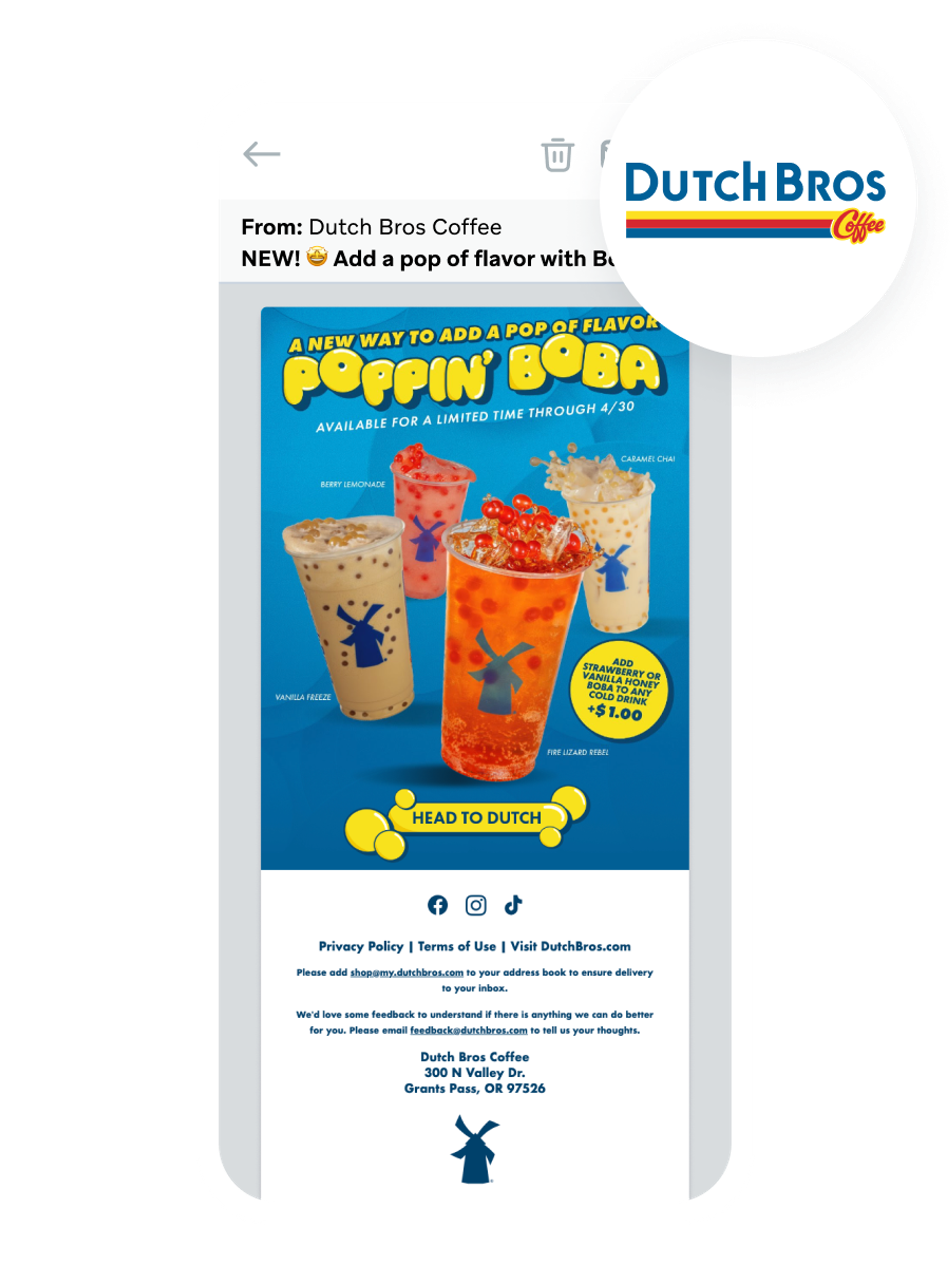 an email from dutch bros coffee advertising a new way to add a pop of flavor