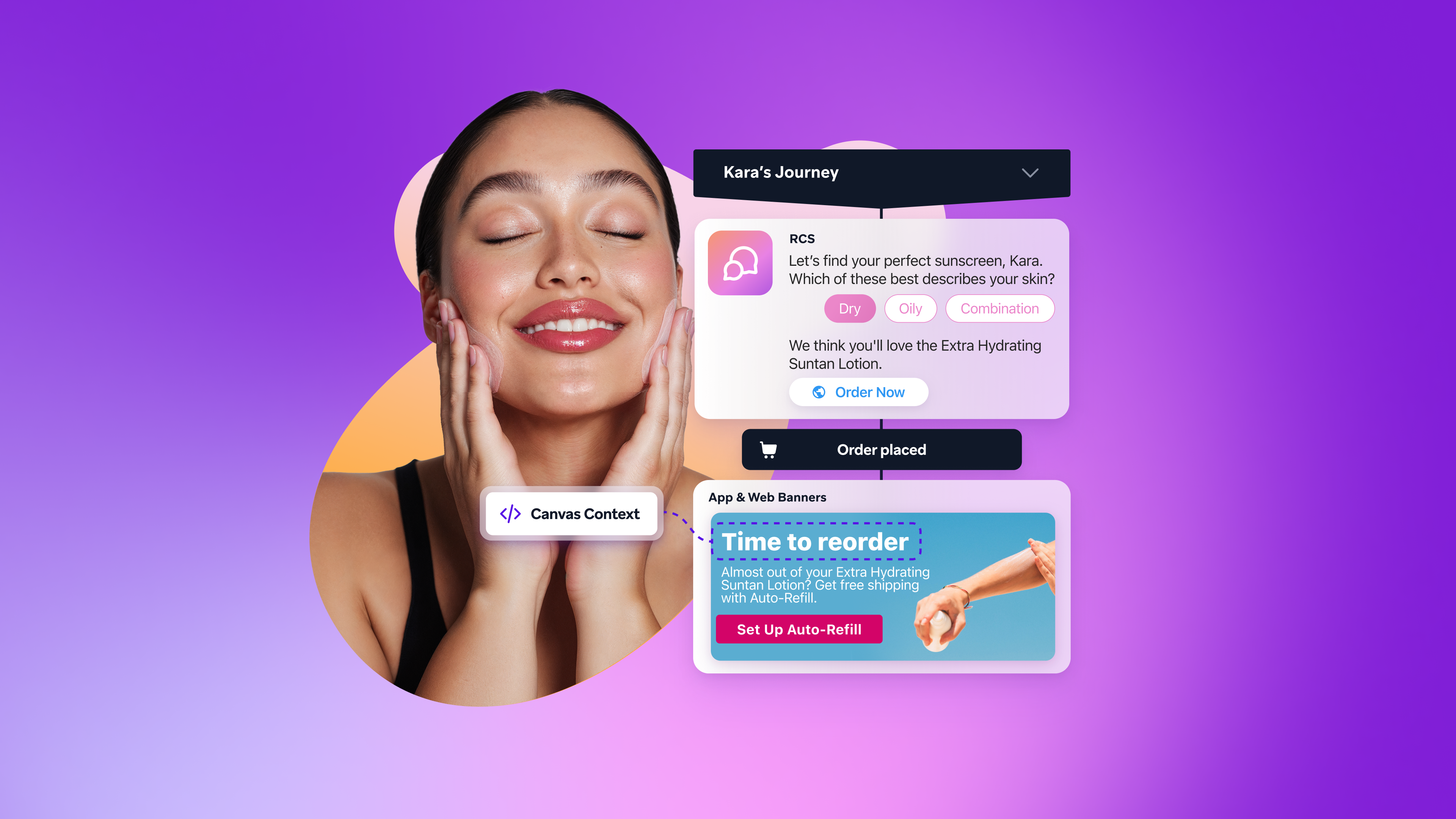 a woman 's face is displayed on a purple background