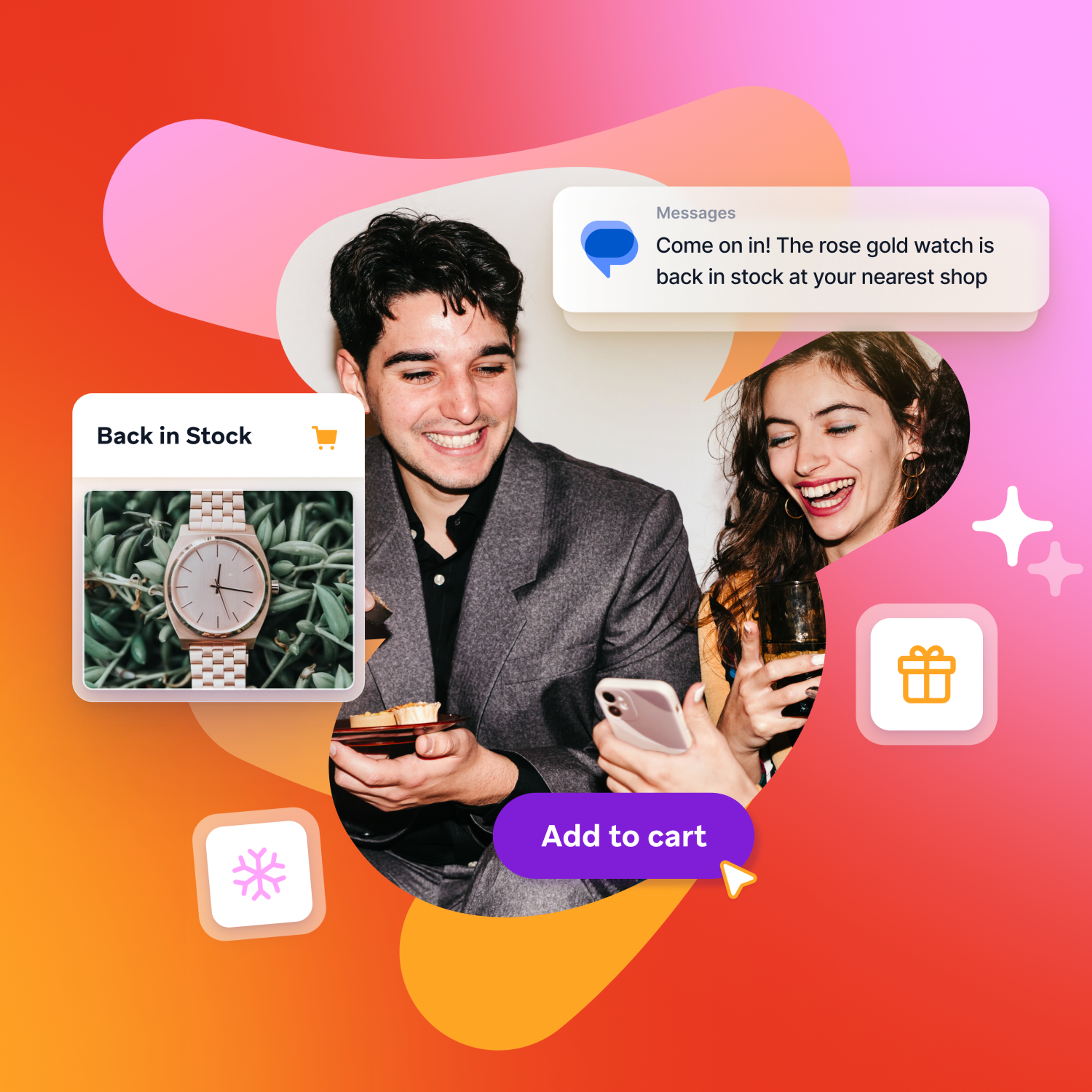Two people surrounded by back in stock messages, a snowflake icon, and a present icon