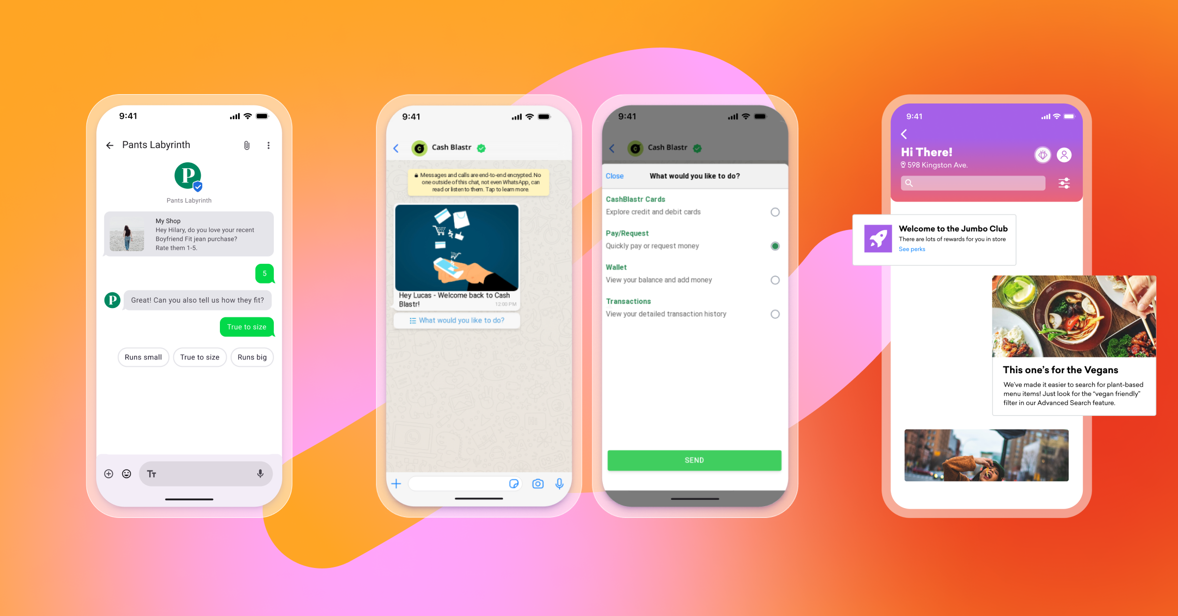 four cell phones are displayed on a pink and orange background