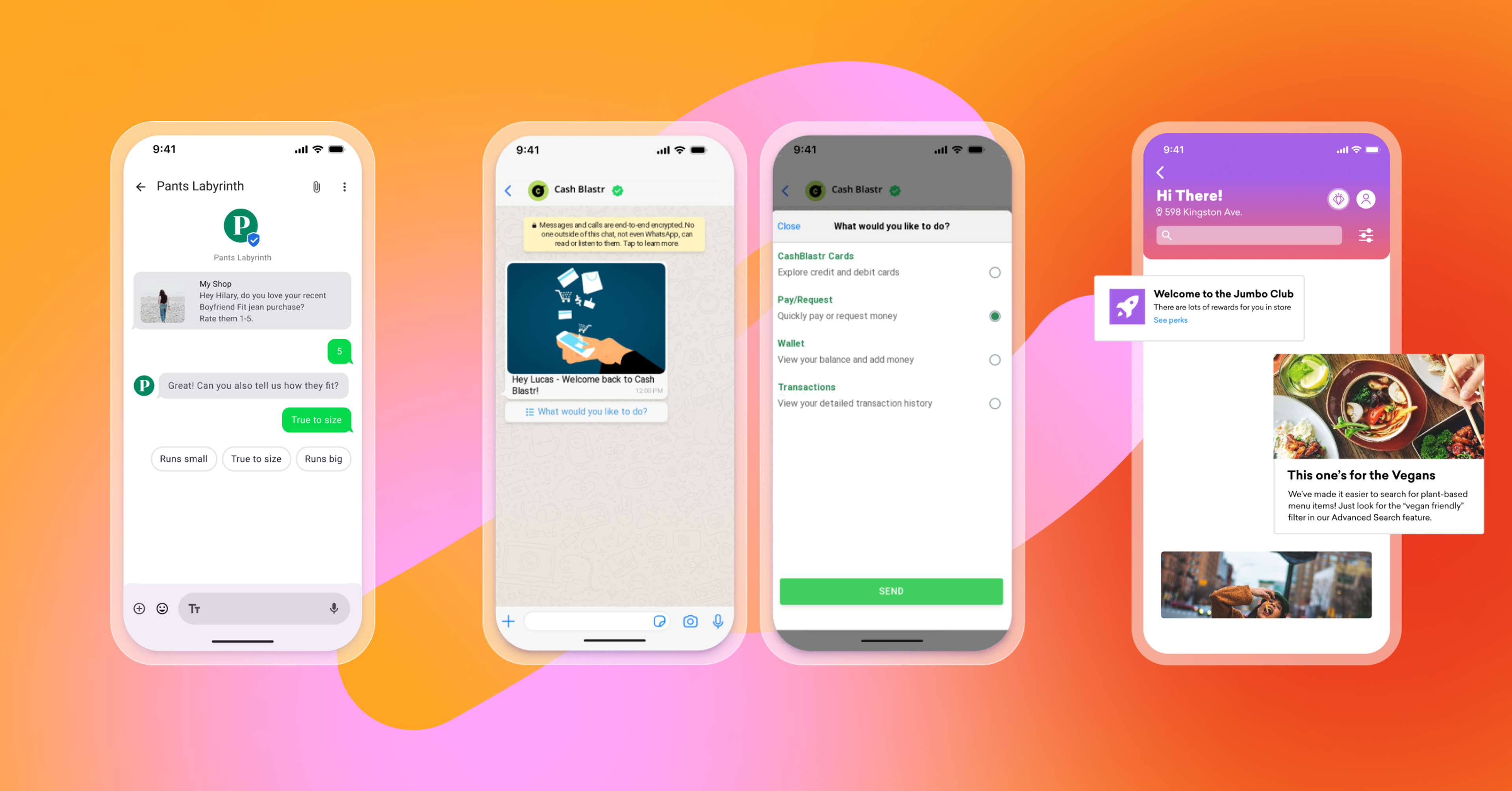 four cell phones are displayed on a pink and orange background