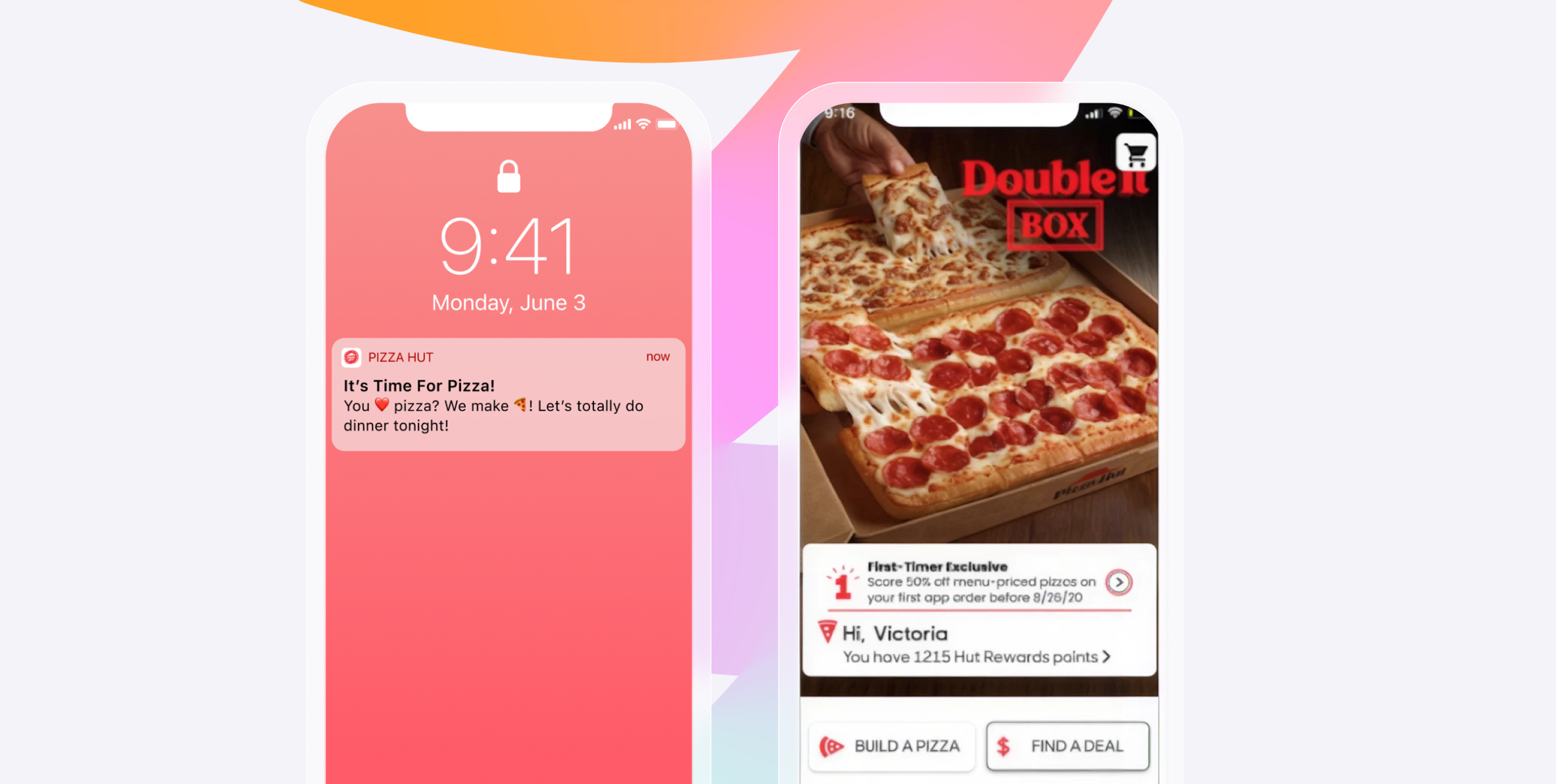 Two smartphones display a Pizza Hut push notification and the app home screen featuring a Double It Box pizza promotion.