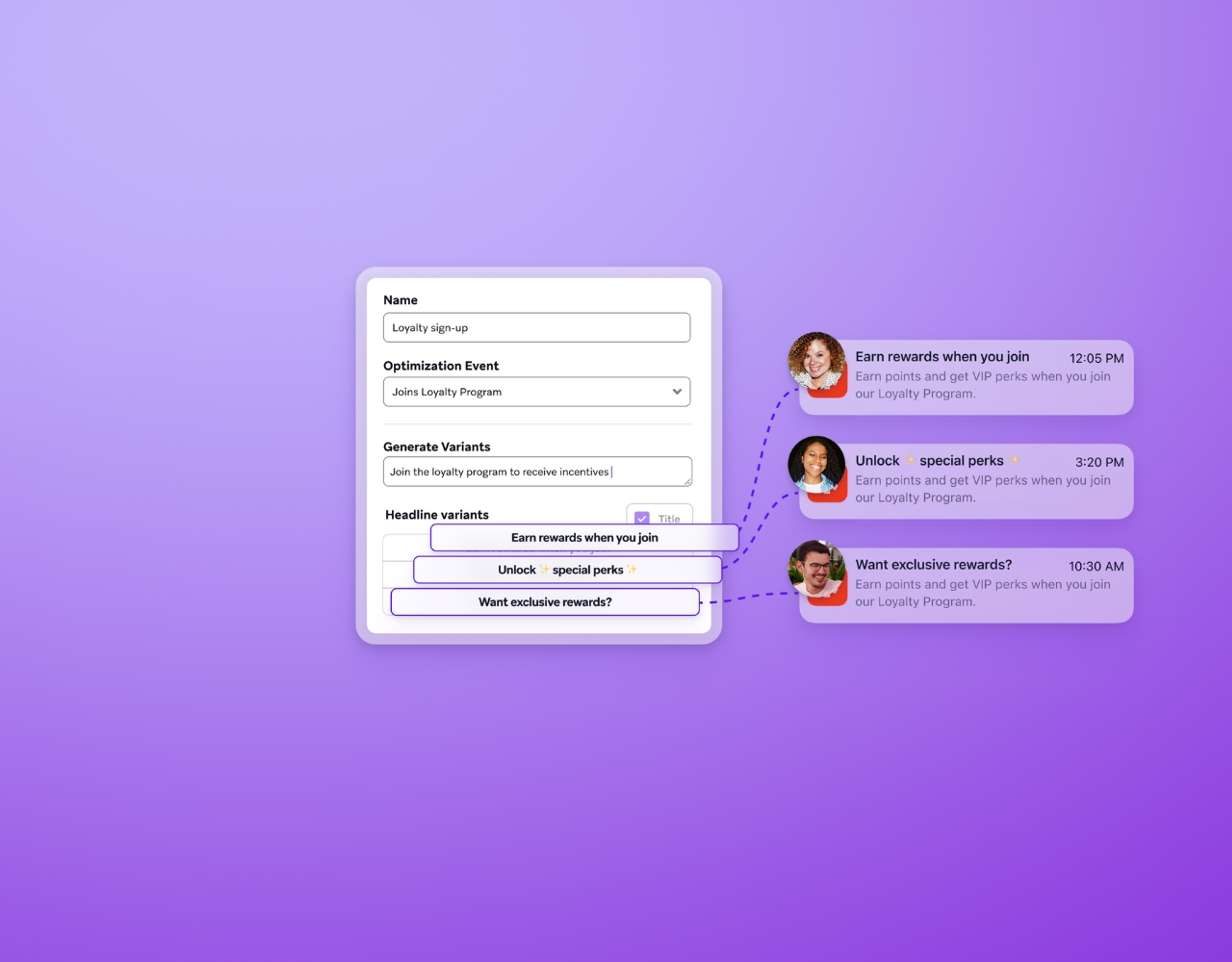 Illustration of a marketing tool generating multiple loyalty program headline variants that are shown as personalized messages to different customers on a purple gradient background.