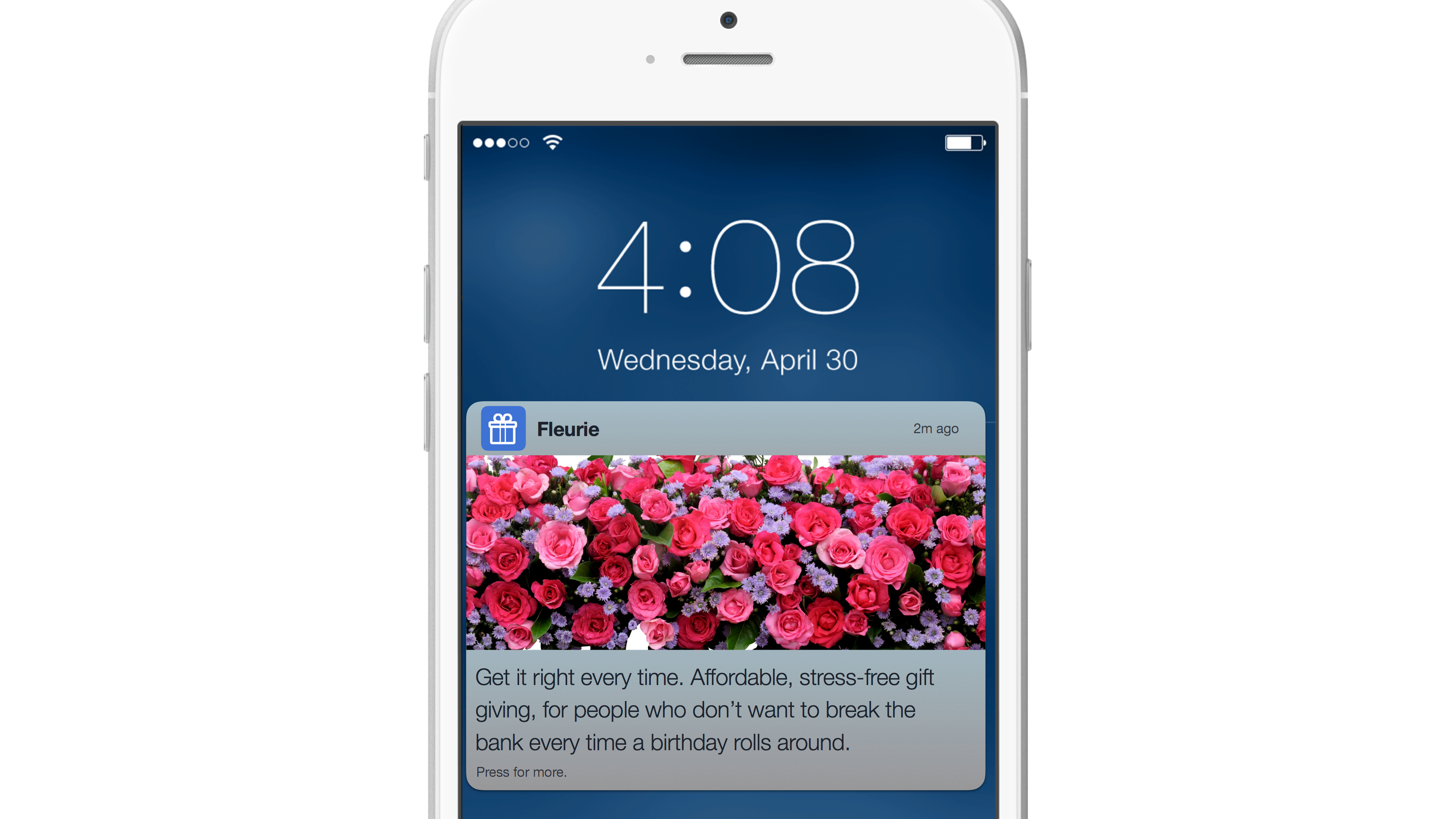 A smartphone displaying a notification at 4:08 PM on April 30, featuring a colorful image of roses and a message about affordable gift giving.