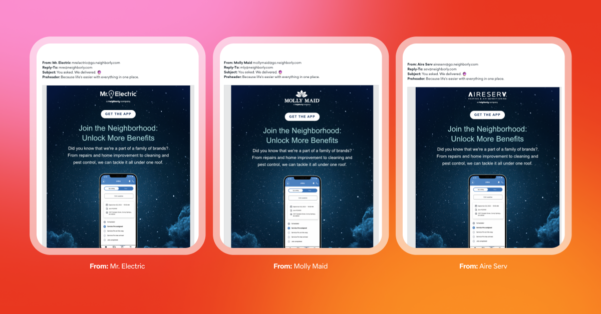 Three promotional emails from different companies: M. Electric, Molly Maid, and Aire Serv, inviting users to join their neighborhood programs for exclusive benefits. Each email features a mobile app interface and a call-to-action button.