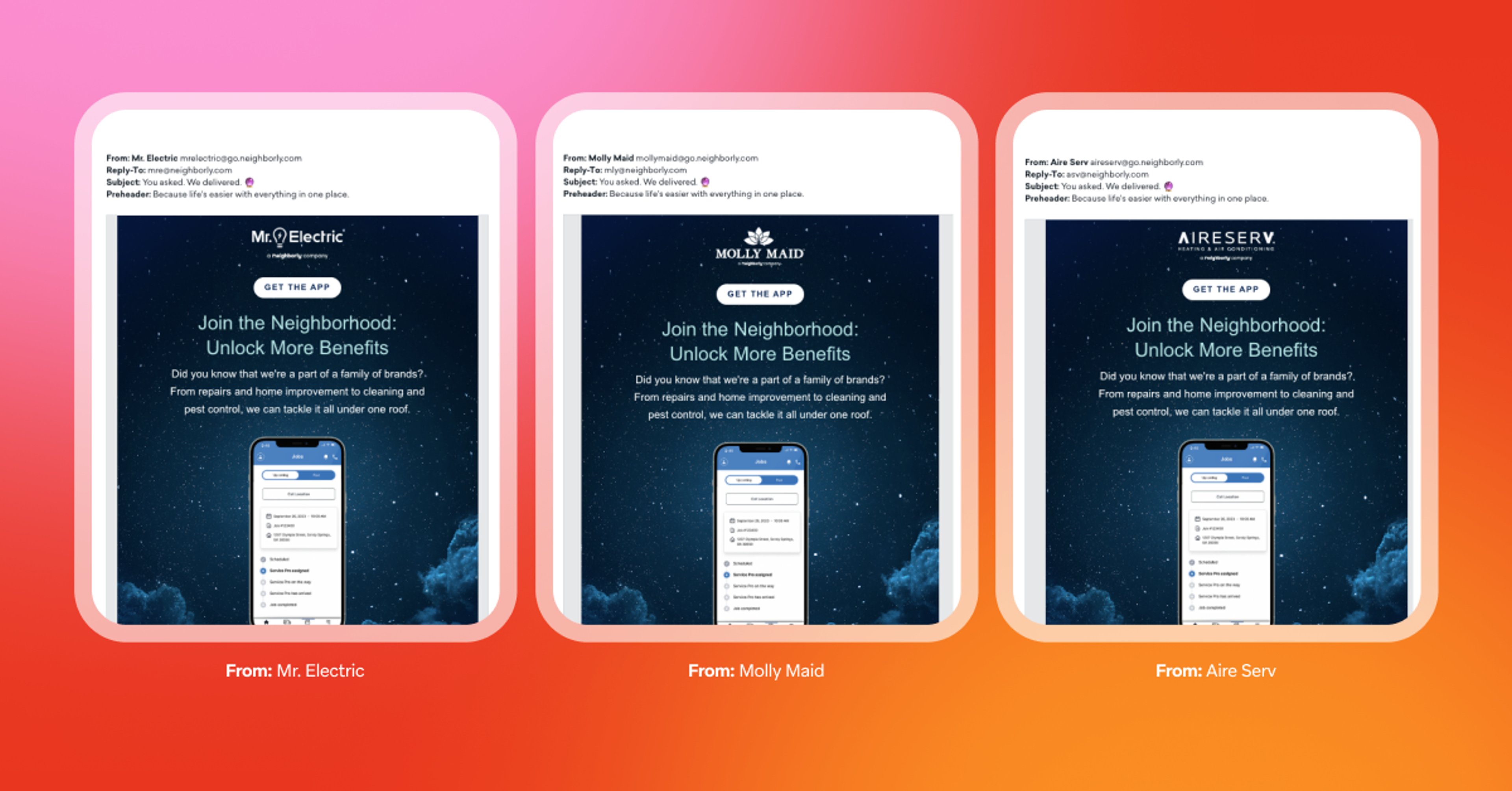 Three promotional emails from different companies: M. Electric, Molly Maid, and Aire Serv, inviting users to join their neighborhood programs for exclusive benefits. Each email features a mobile app interface and a call-to-action button.