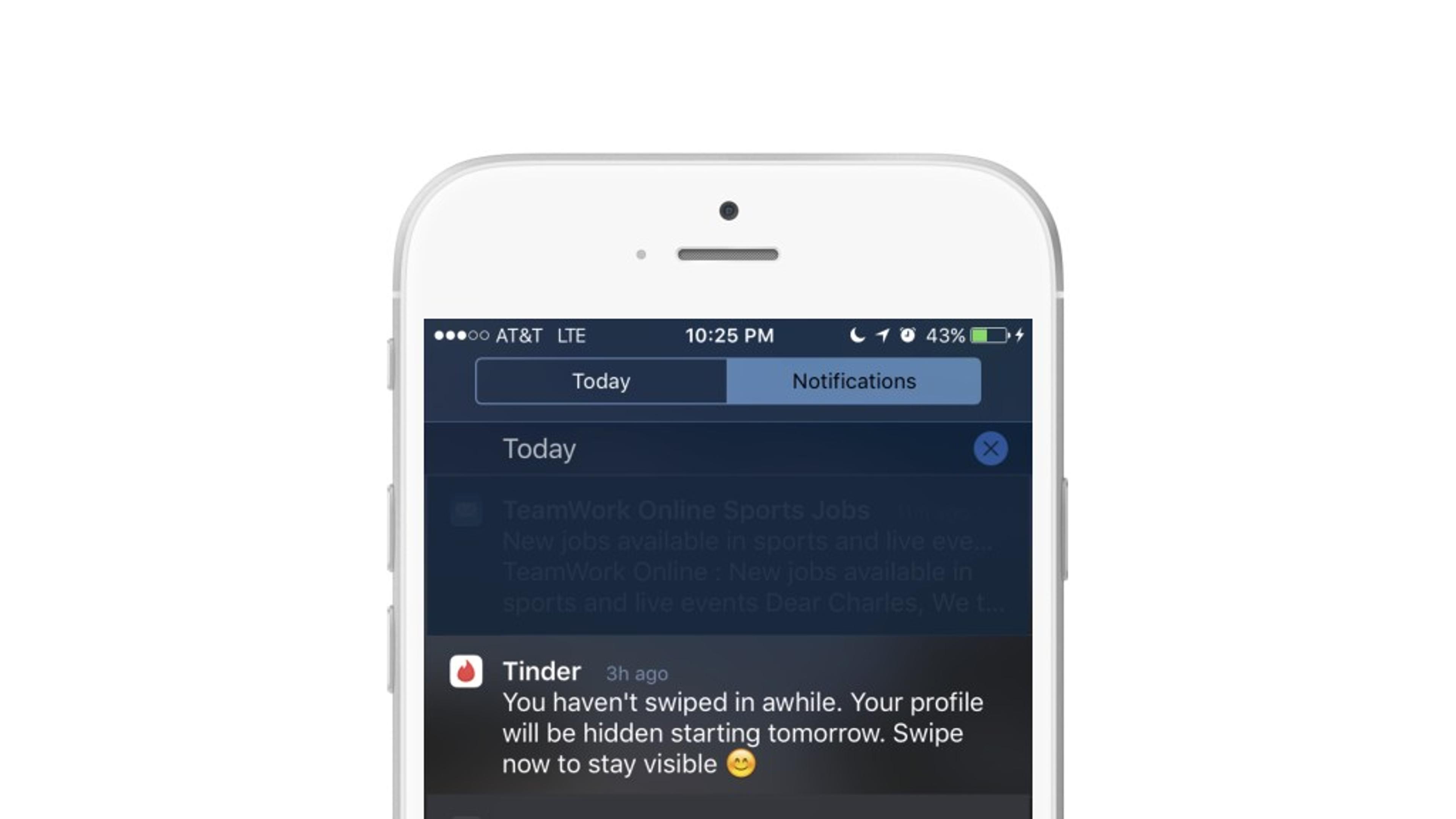 A smartphone screen displaying a Tinder notification about swiping activity. The message indicates that the user's profile will be hidden if they do not swipe soon.