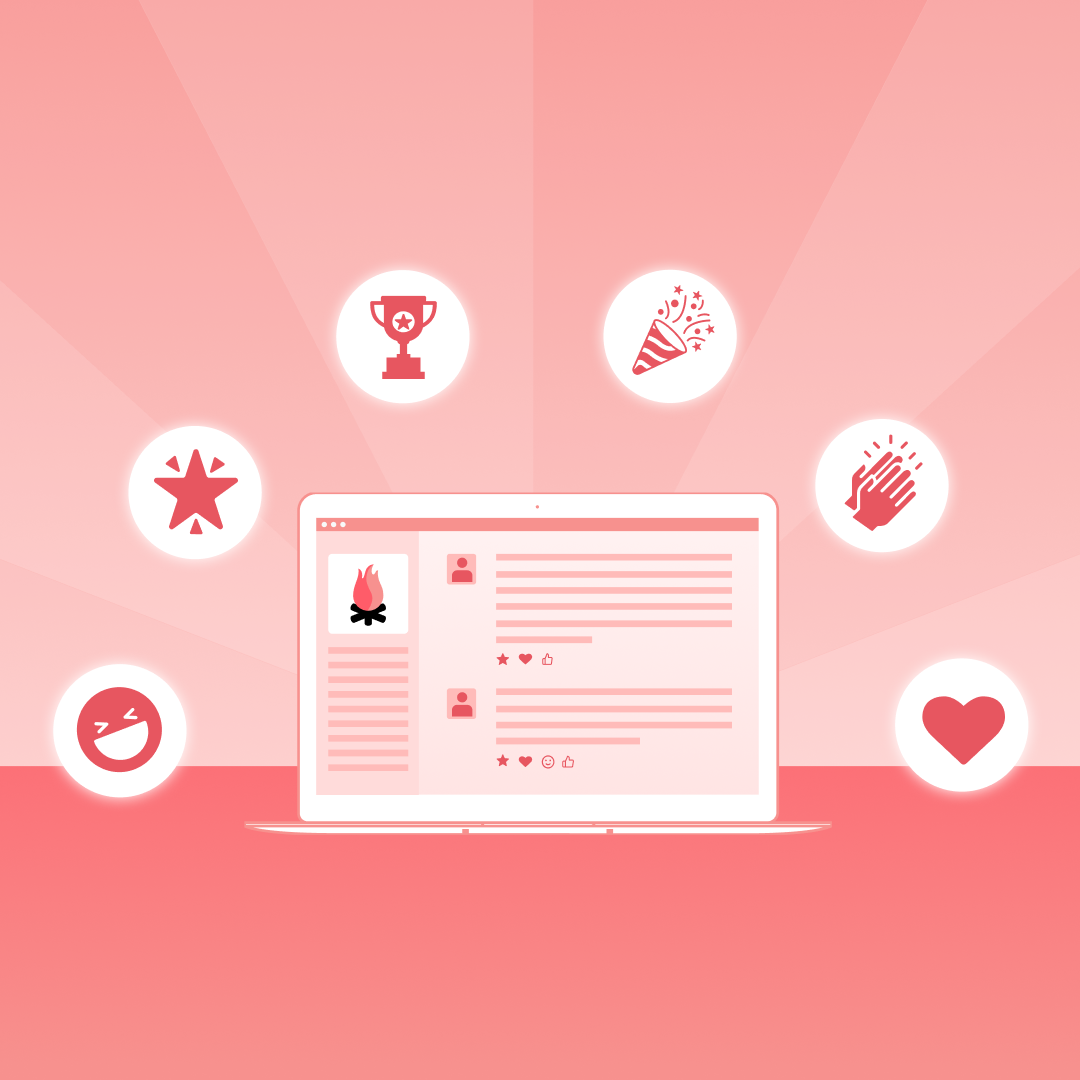 A laptop displaying social media posts, surrounded by icons representing engagement: a star, trophy, party popper, clapping hands, heart, and laughing emoji.