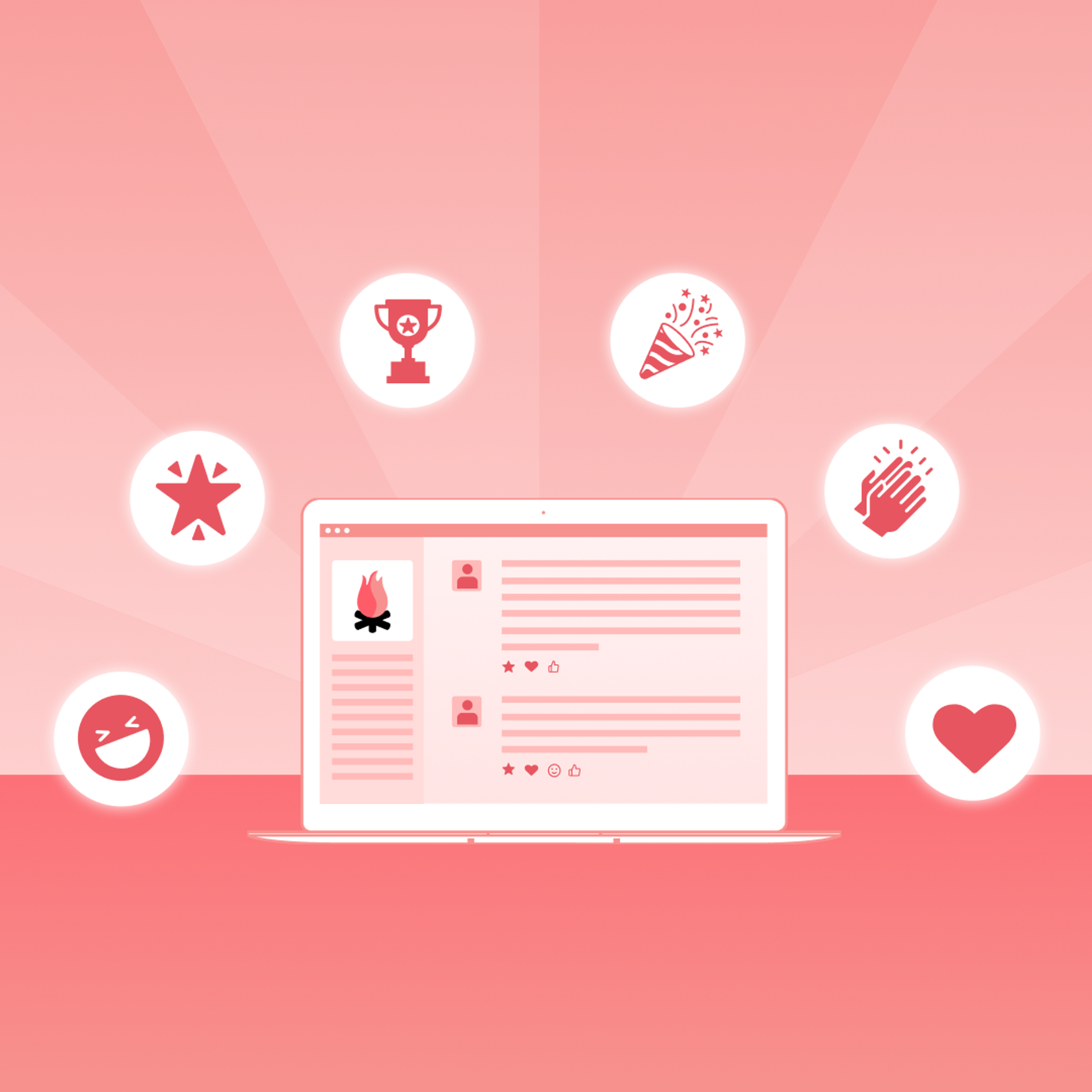 A laptop displaying social media posts, surrounded by icons representing engagement: a star, trophy, party popper, clapping hands, heart, and laughing emoji.